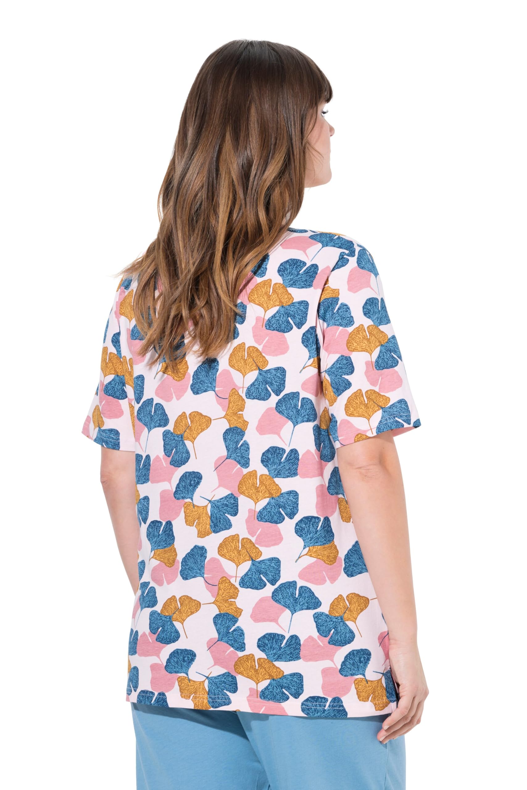 Ulla Popken Femme Grandes Tailles T-Shirt de Pyjama, Ginkgo, col Rond, Manches Courtes, Coton Bio 840503