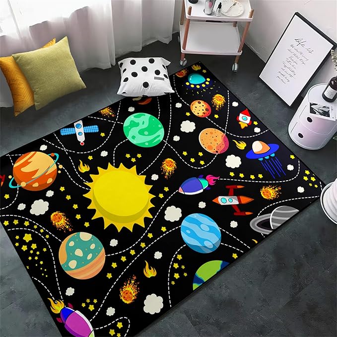 Solar System Rugs for Boys - 3x5 ft Outer Space Children Play Area Rug Satellite Rockets Pattern Satellite Rockets Play Mat Rug for Boys Girls Galaxy Carpet Mat for Dinning Dorm Living Room