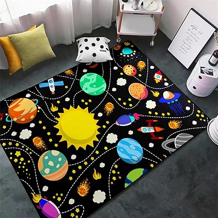 Solar System Rugs for Boys - 3x5 ft Outer Space Children Play Area Rug Satellite Rockets Pattern Satellite Rockets Play Mat Rug for Boys Girls Galaxy Carpet Mat for Dinning Dorm Living Room