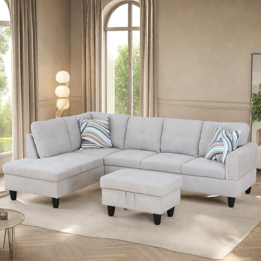 GlasFlength L Shaped Sectional Sofa with Ottoman, Modern