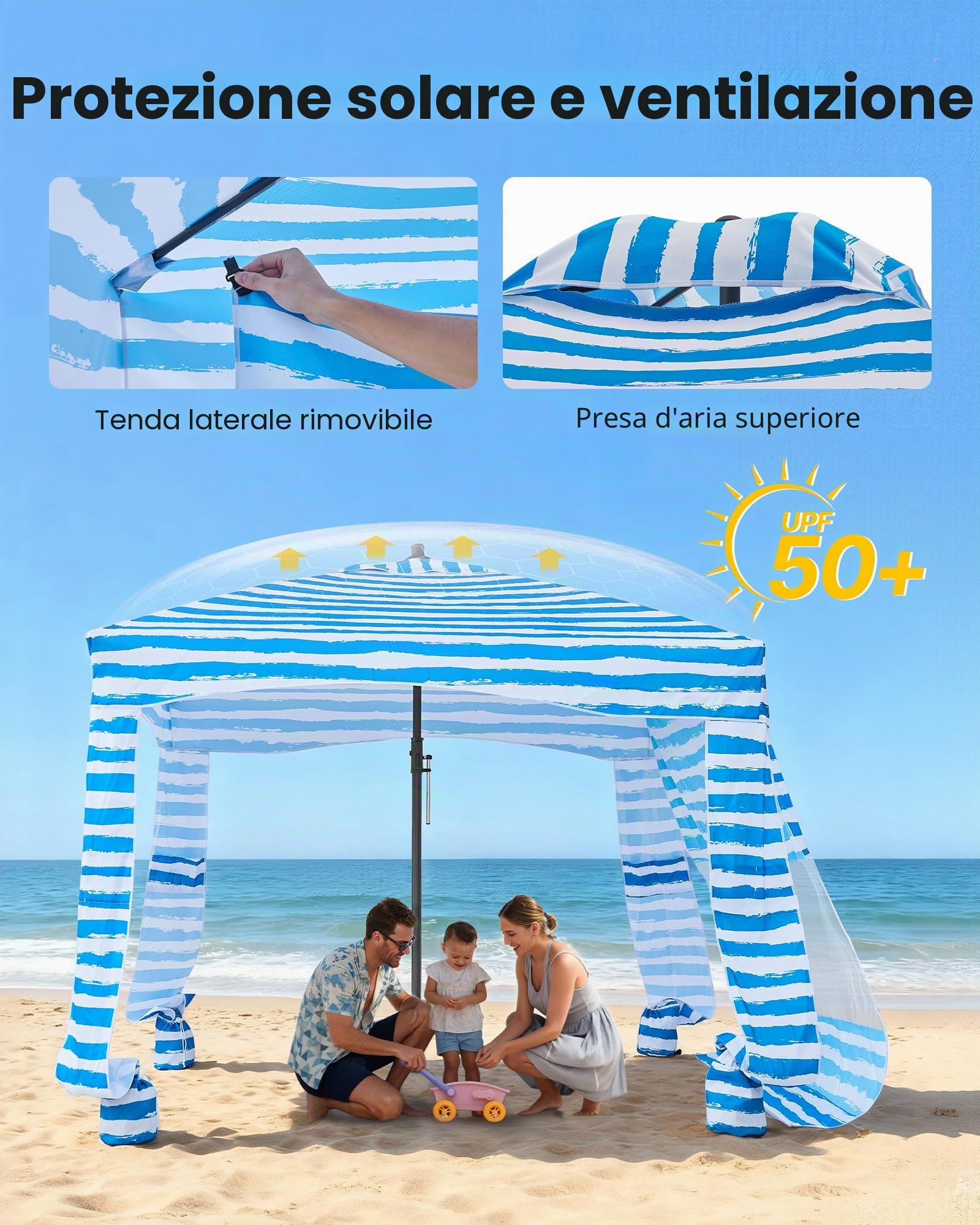 VEVOR Tenda da Spiaggia da 1830 x 1830 x 2290 mm, con Parete Laterale e Tasche per la Sabbia, Ombrellone Parasole Portatile Regolabile in Altezza per Famiglia e Amici, Blu Chiaro Striature Bianche