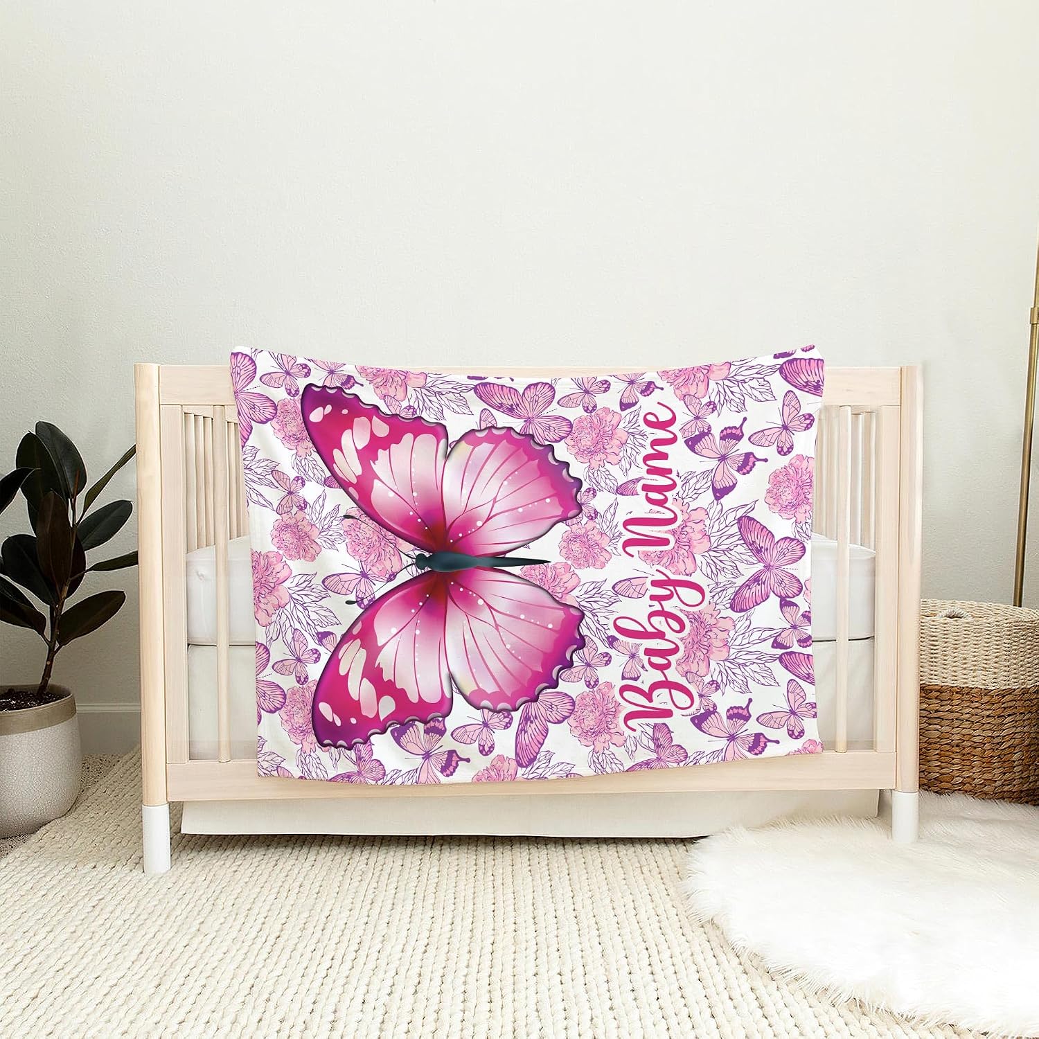Personalized Butterfly Baby Blanket, Custom Name Floral Nursery Bedding, Soft Fleece Newborn Girl Blanket, Pink Lavender Flower Shower Gift