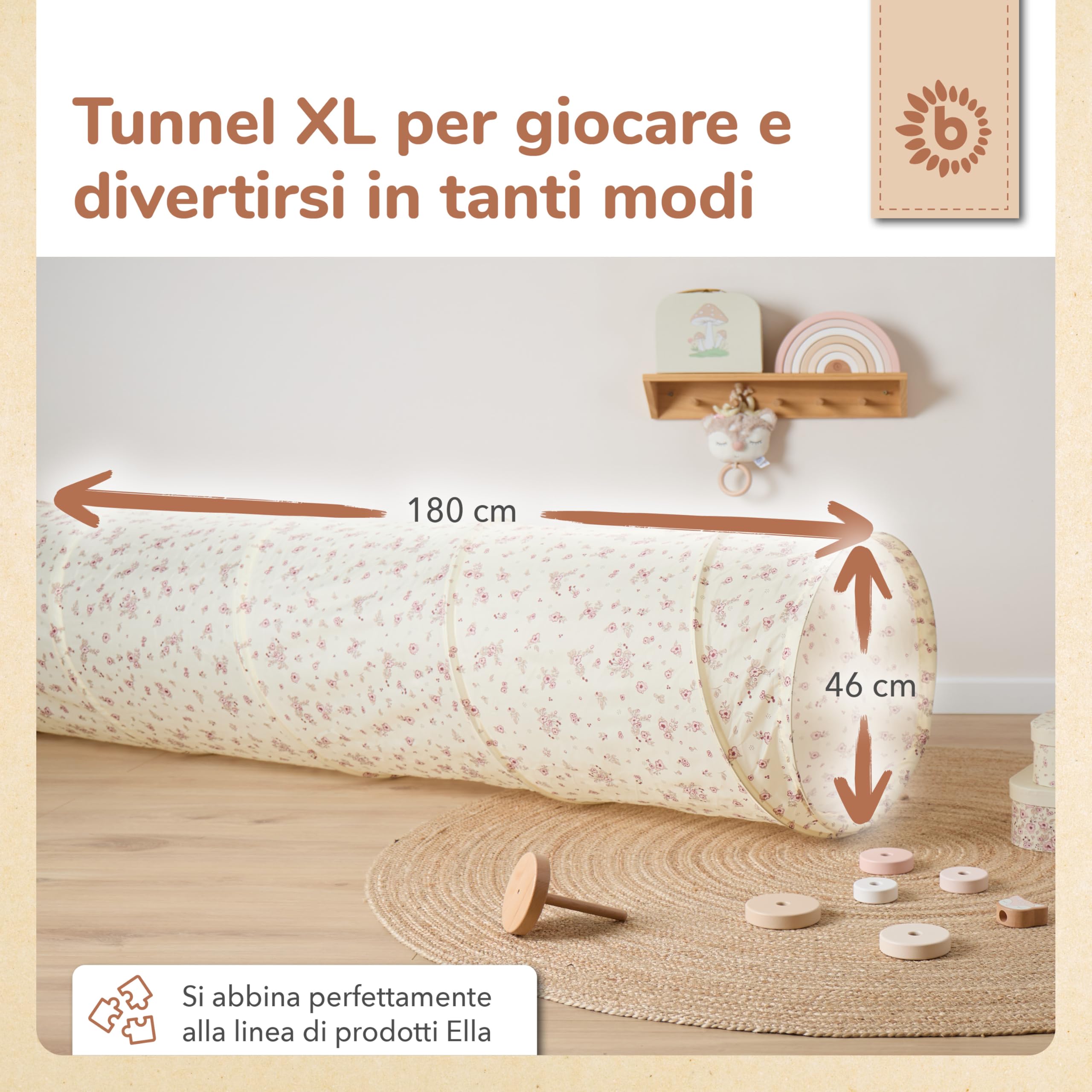 Bieco Pop Up Tunnel Gioco per Bambini con Fiori Vintage | 180 x 46 cm | Bruco Tunnel da Giardino