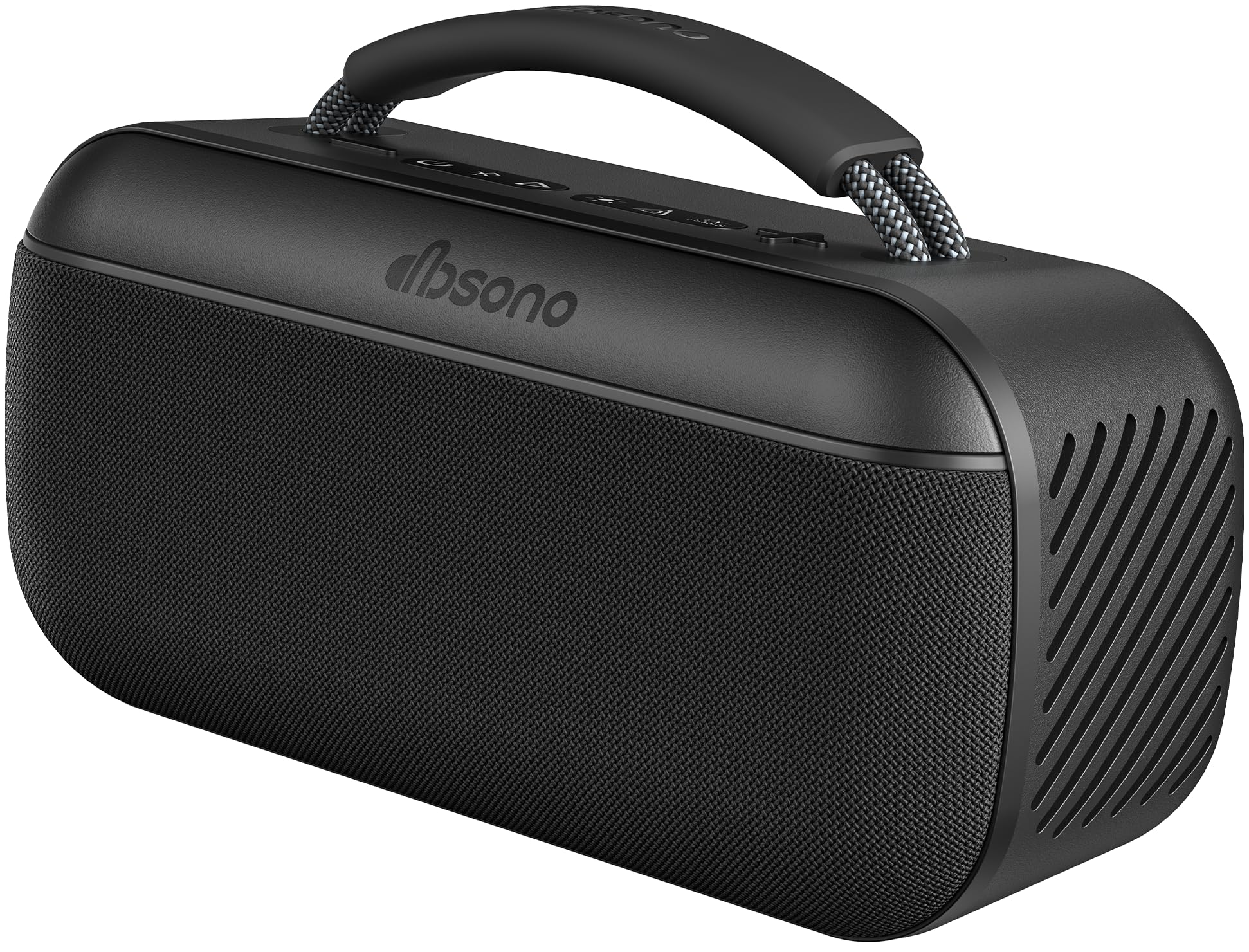 The dbsono speaker's rugged, fabric-wrapped exterior with integrated carry handle, designed for portability and durability.