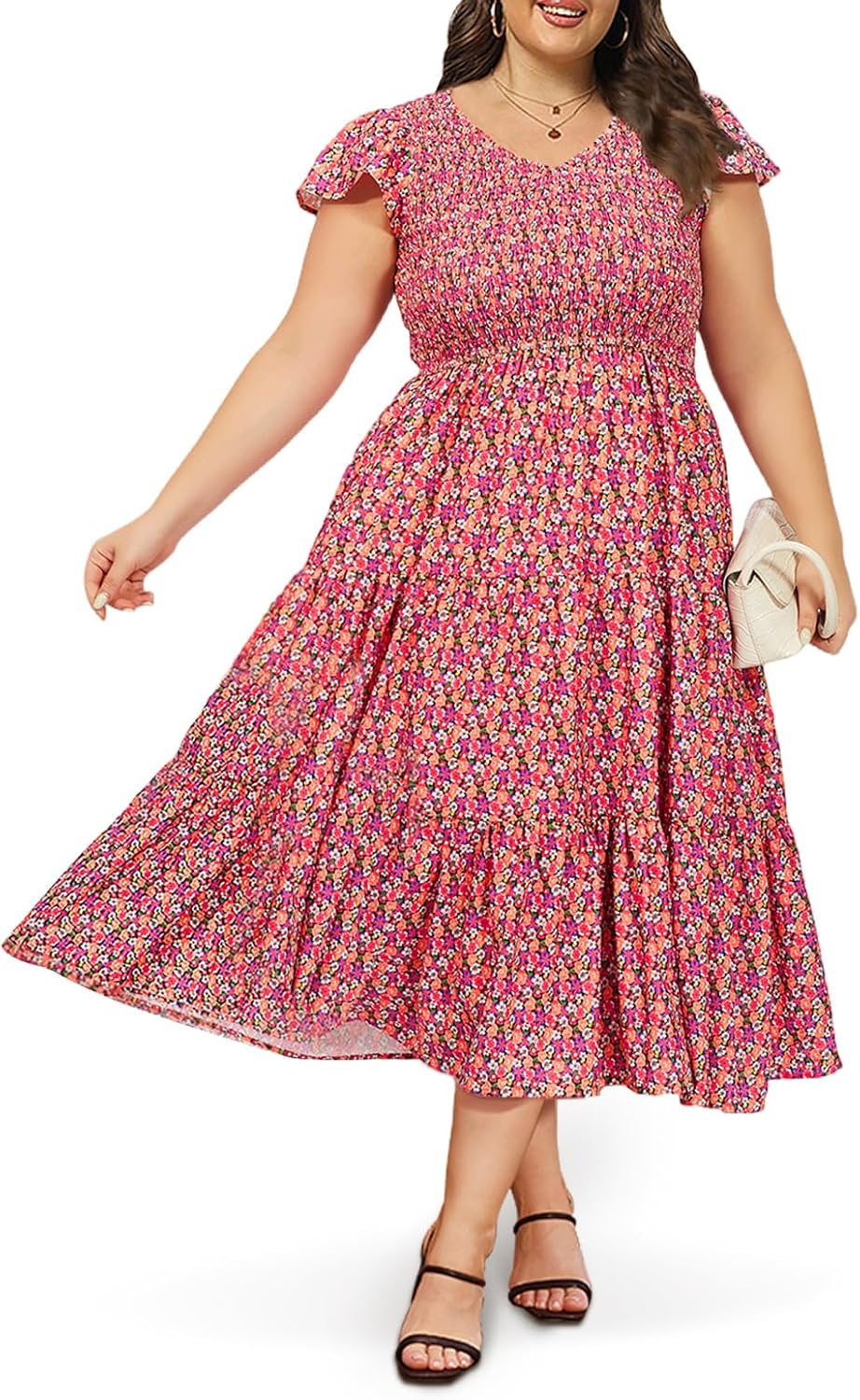 2025 Women's Plus Size Casual Dress V Neck Short Sleeve Summer Maxi Smocked Dresses