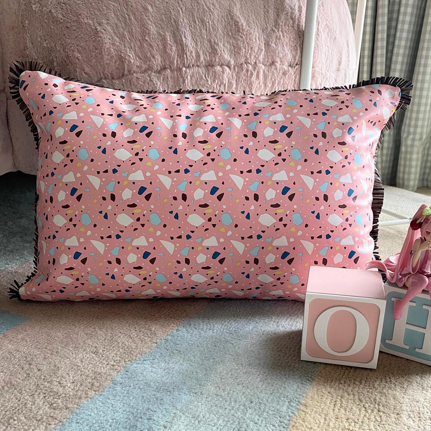 The HomeCentric Decorative Pink 12"x16" (30x40 cm) Lumbar Pillow Cover, Faux Leather Printed & Terrazo Oblong Pillow, Abstract Pattern Modern Style - Terrazo Fun Pink