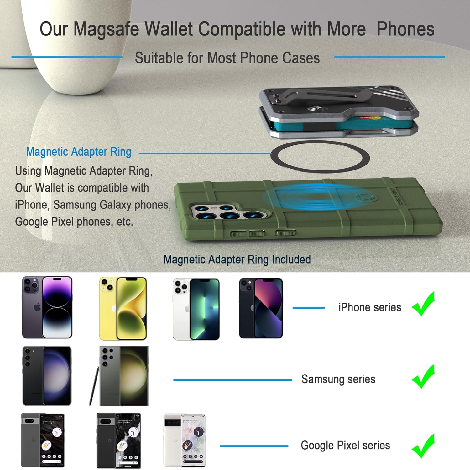 Minimalist Slim Wallet For Men RFID Blocking Front Pocket Credit Card Holder - Metal Wallet For Men With Titanium Money Clip - Magsafe Wallet for Phone Cases (Gray+Black)