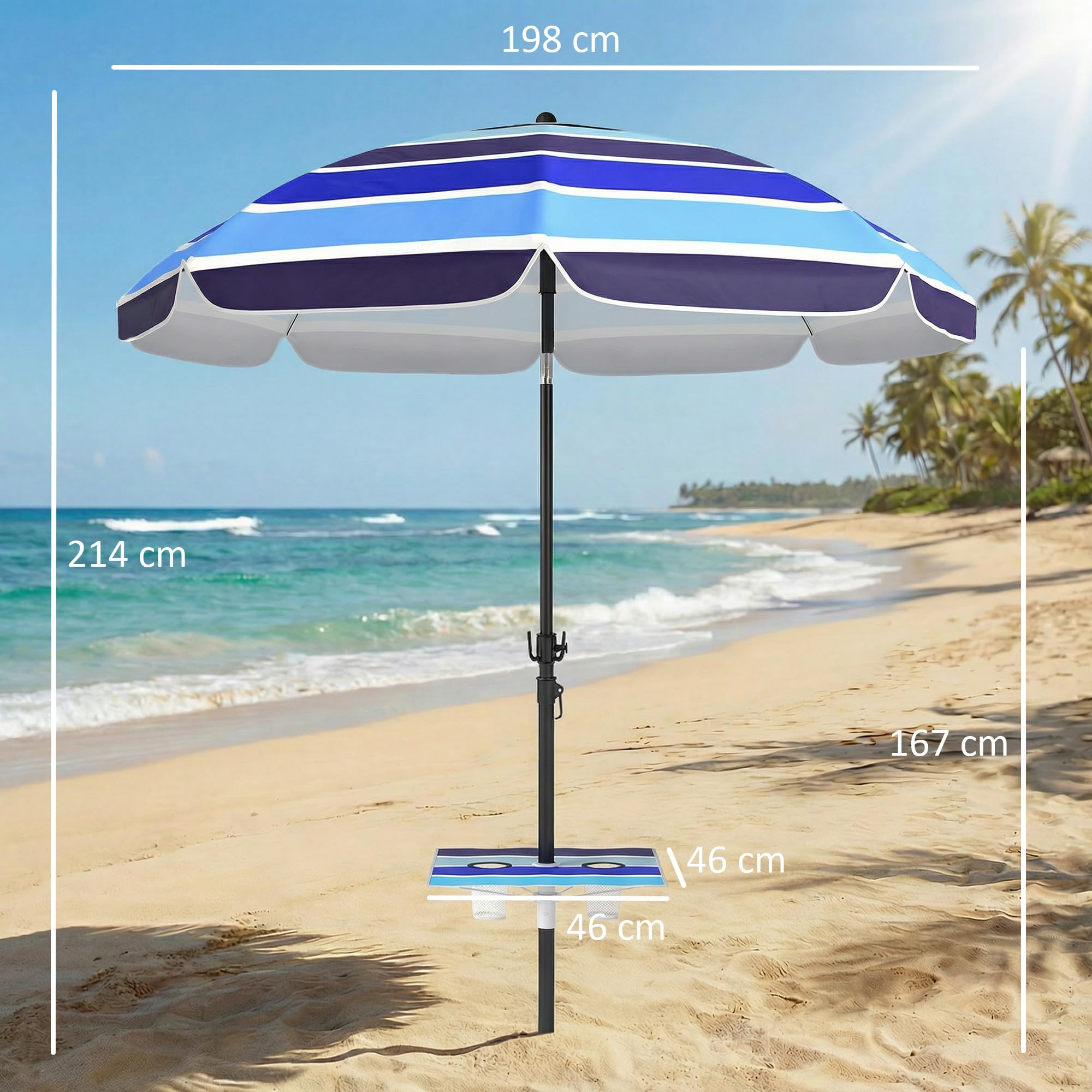 Outsunny Sonnenschirm Strand Ø198 cm UV30+ Strandschirm mit klappbar Tisch Getränkehalter verstellbarer Neigung Balkon-Schirm mit Tragetasche Haken Gartenschirm für Reisen Strand Camping Mehrfarbig