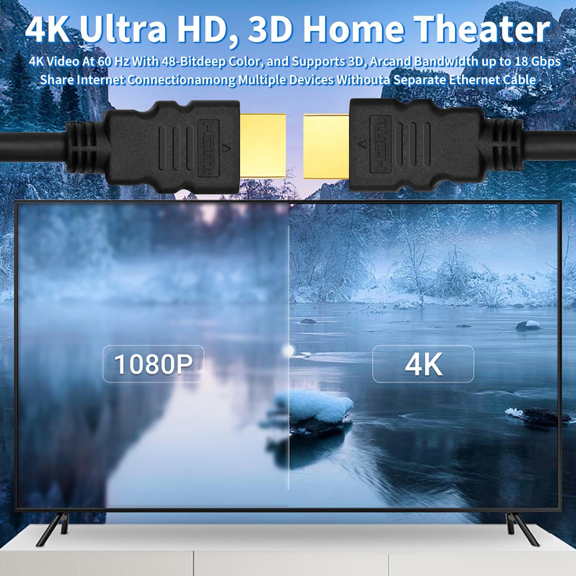 Paquete de 5 cables HDMI 2.0 4K Ultra HD/cable, alta velocidad, 18 Gbps, 2.0b @60 Hz, (1080P 2160P HDR) 3 pies, cable HDMI negro, para laptop, monitores, HDTV