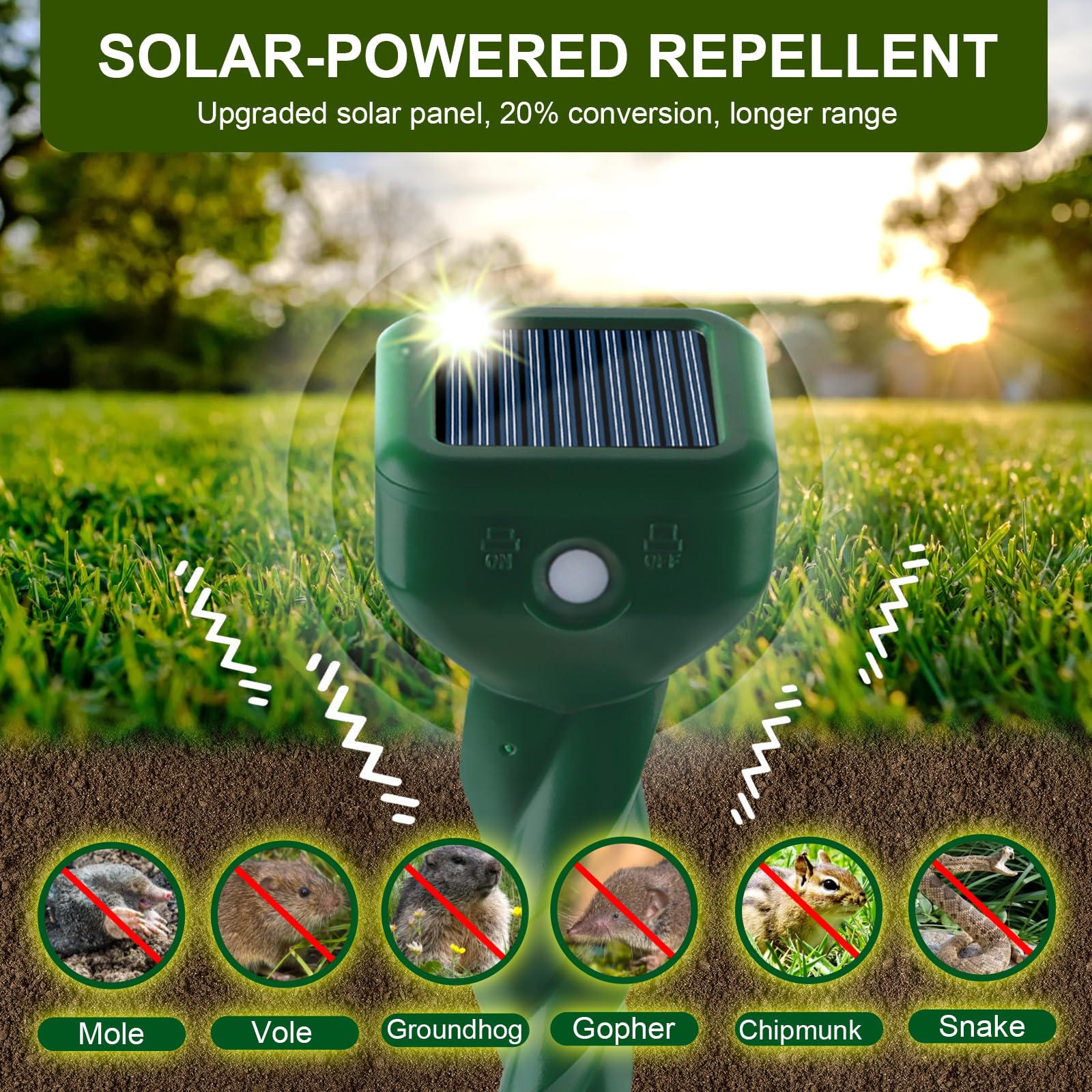 TEPENAR Set di 4 repellenti per arvicole a ultrasuoni e repellente per animali contro talpe, arvicole serpenti, marmotte (IP65 impermeabile), per giardino, prato, cortile