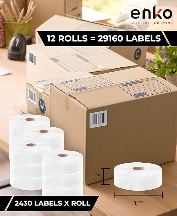 enKo 1 x 1/2 in 12 Rolls | 29160 Direct Thermal Barcoding Labels