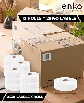 enKo 1 x 1/2 in 12 Rolls | 29160 Direct Thermal Barcoding Labels