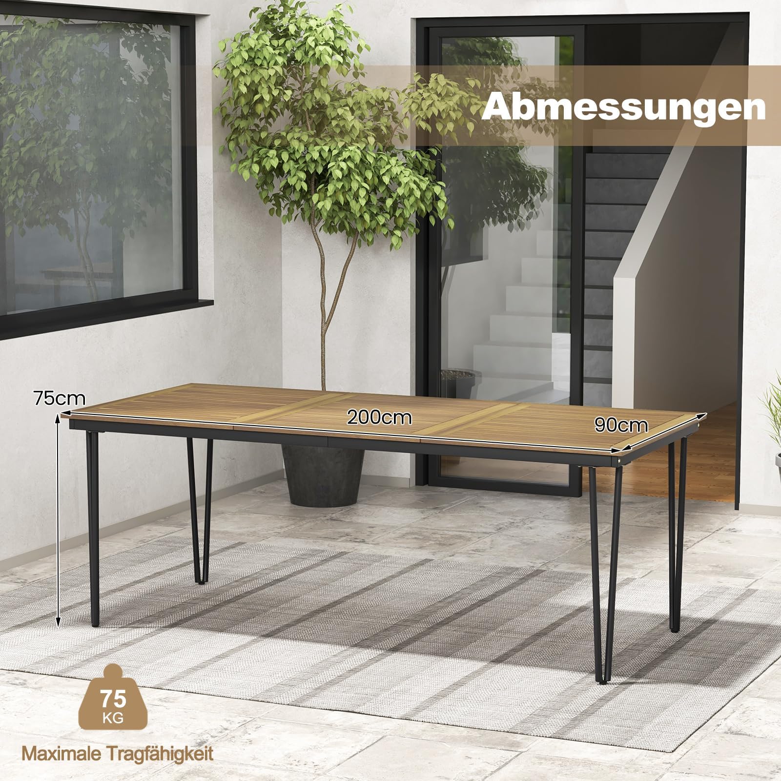 FANTASK 200 x 90 cm, tavolo da giardino rettangolare in legno di acacia, tavolo da pranzo con foro per ombrellone per 8 persone