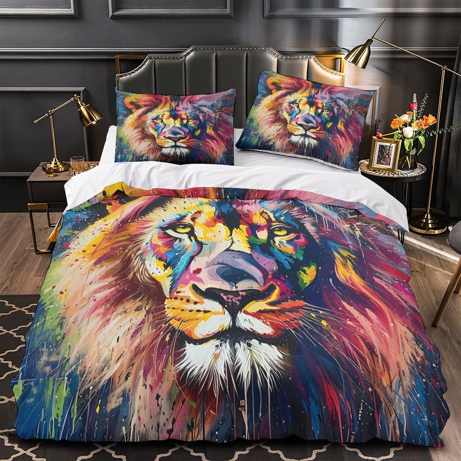 Housse de couette lion 3D imprimé microfine lit 3 pièces fermeture éclair garçons 260x220