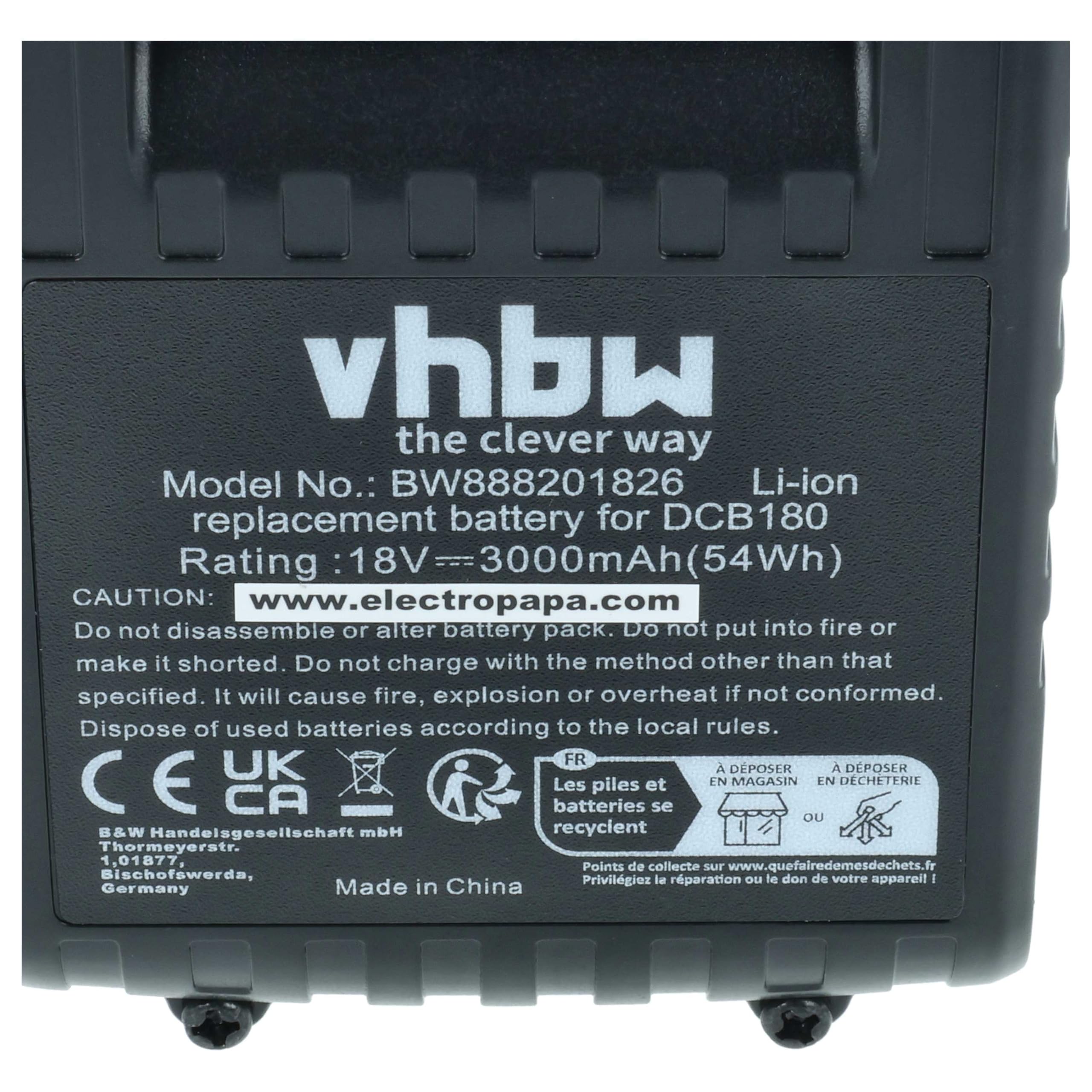 vhbw batteria sostituisce Dewalt DCB182, DCB182-XE, DCB184, DCB180, DCB183, DCB181-XJ, DCB181 per utensile (3000 mAh, Li-Ion, 18 V)