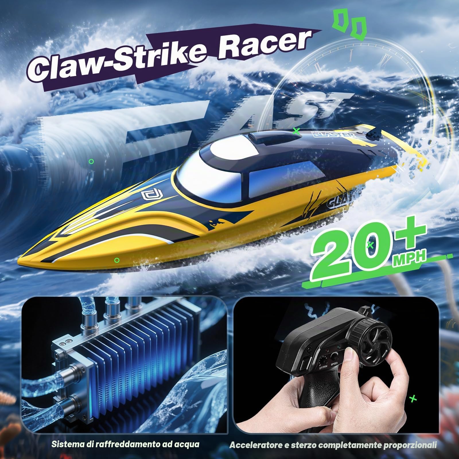 DEERC Barca RC veloce da 14" con LED, 30+ minuti di guida, 20+ MPH, barca a velocità telecomandata autoallineante per piscina e mare, vernice a strisce, regalo estivo per bambini e adulti.