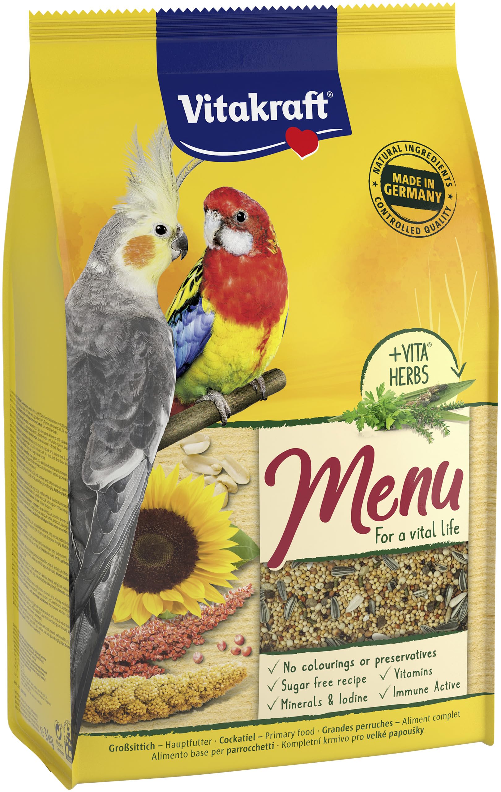 Vitakraft Menü, alimento completo per grandi parrocchetti, con cereali e noci, confezione grande, senza zuccheri aggiunti (1x 3kg)