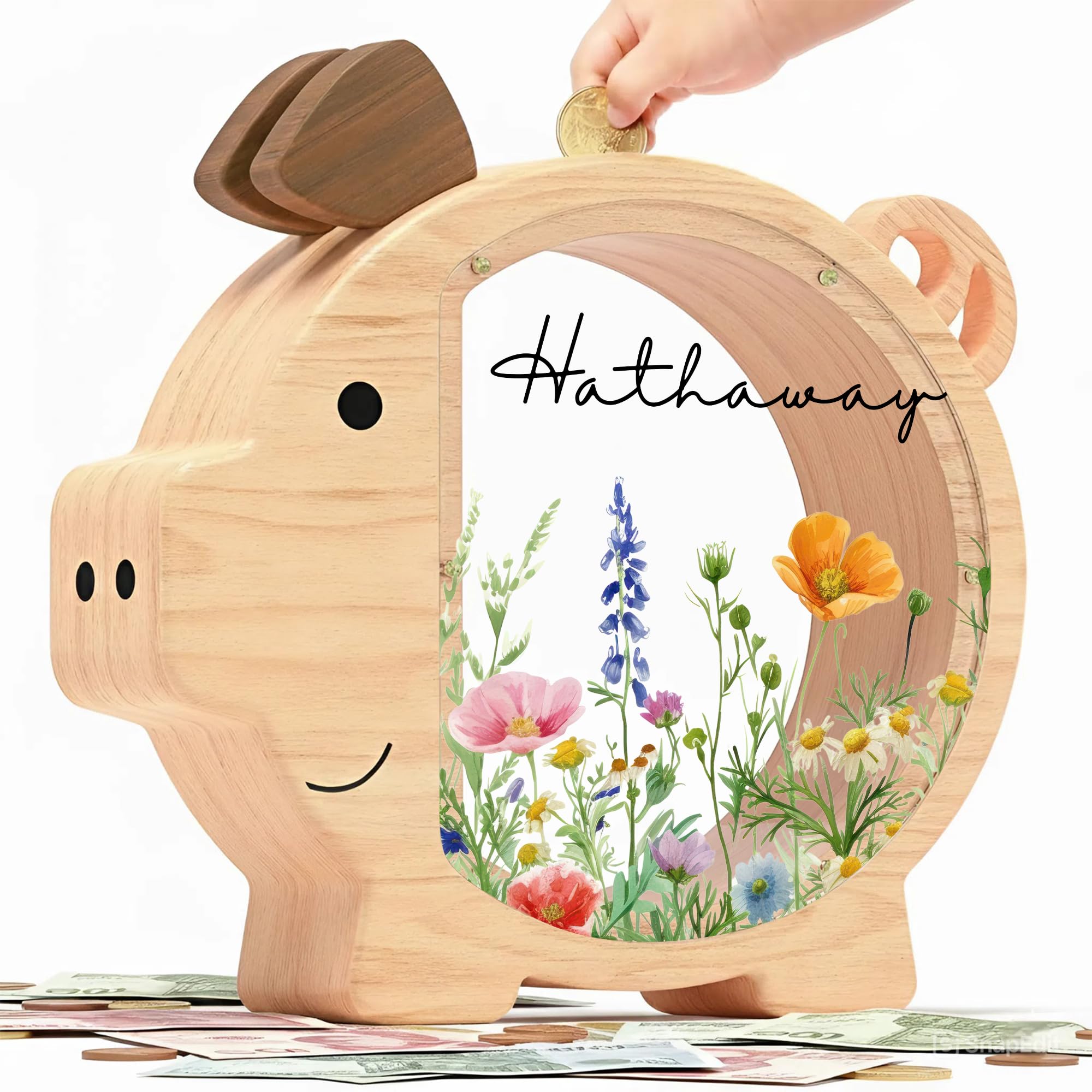 Personalized Piggy Bank, Wooden Money Banks for Kids, Custom Gifts for Boys and Girls, Personalized Piggy Bank for Girls (DK02D Wildflower)
