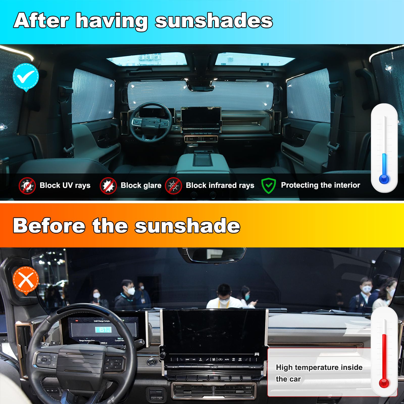 Parasol para parabrisas compatible con Hummer EV 2024 para ventana delantera y lateral, parasol para parabrisas de automóvil, parasol plegable para coche, bloquea los rayos del sol y mantiene tu coche