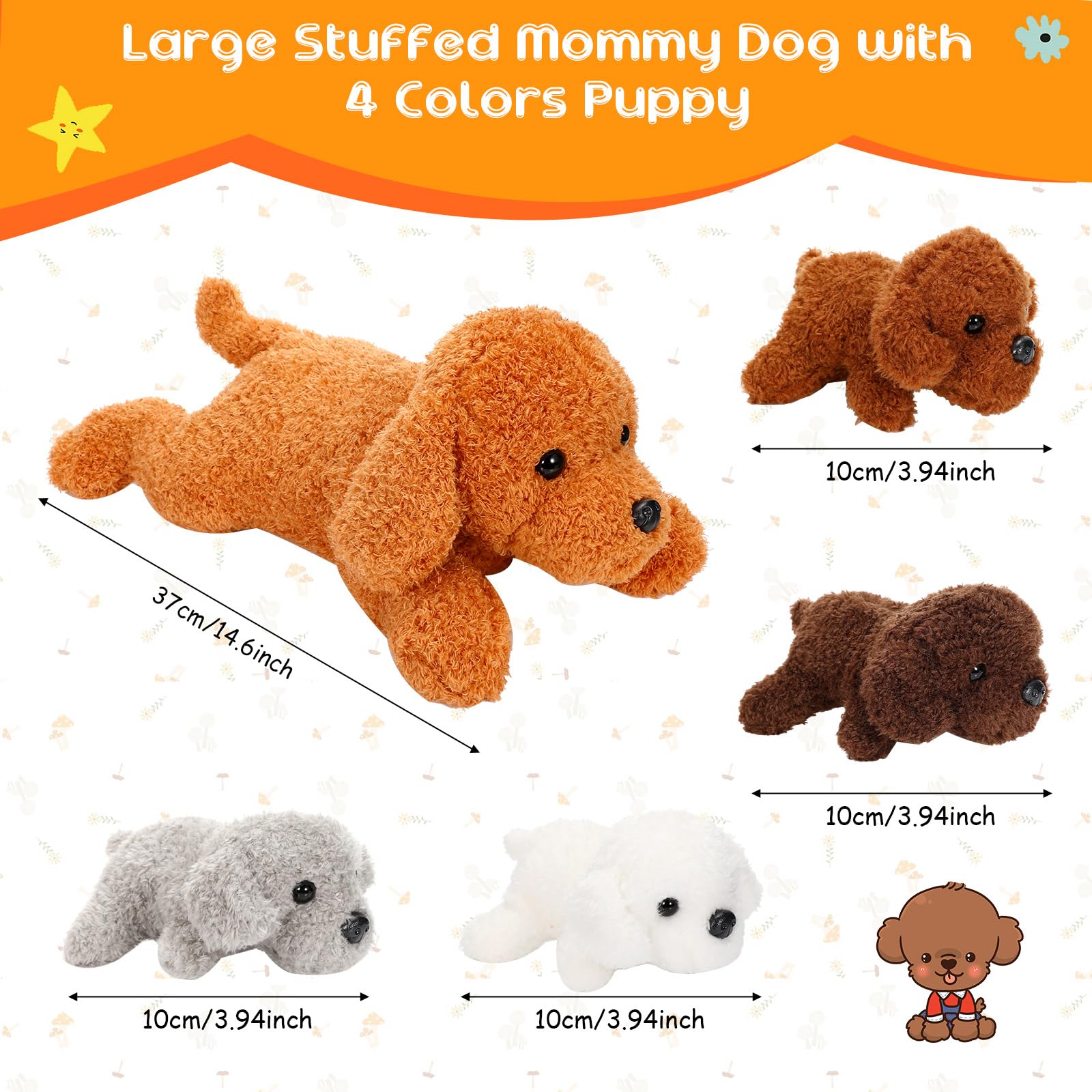 Skylety 5 Pezzi Animali di Peluche per Cani per Bambini 1 Grande Mamma Cane con 4 Mini Cuccioli Simpatici Regalo di Animali di Peluche per Compleanno Natale (Barboncino)