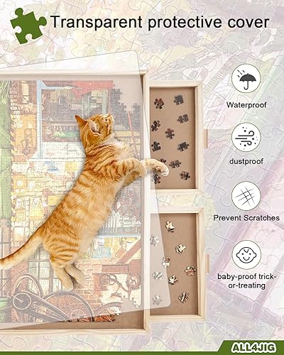 Vista 13 de ALL4JIG - Tablero giratorio para rompecabezas de 2000 piezas, bandeja giratoria de madera de 29.6 x 41.3 pulgadas, 6 cajones y cubierta, mesa para 6