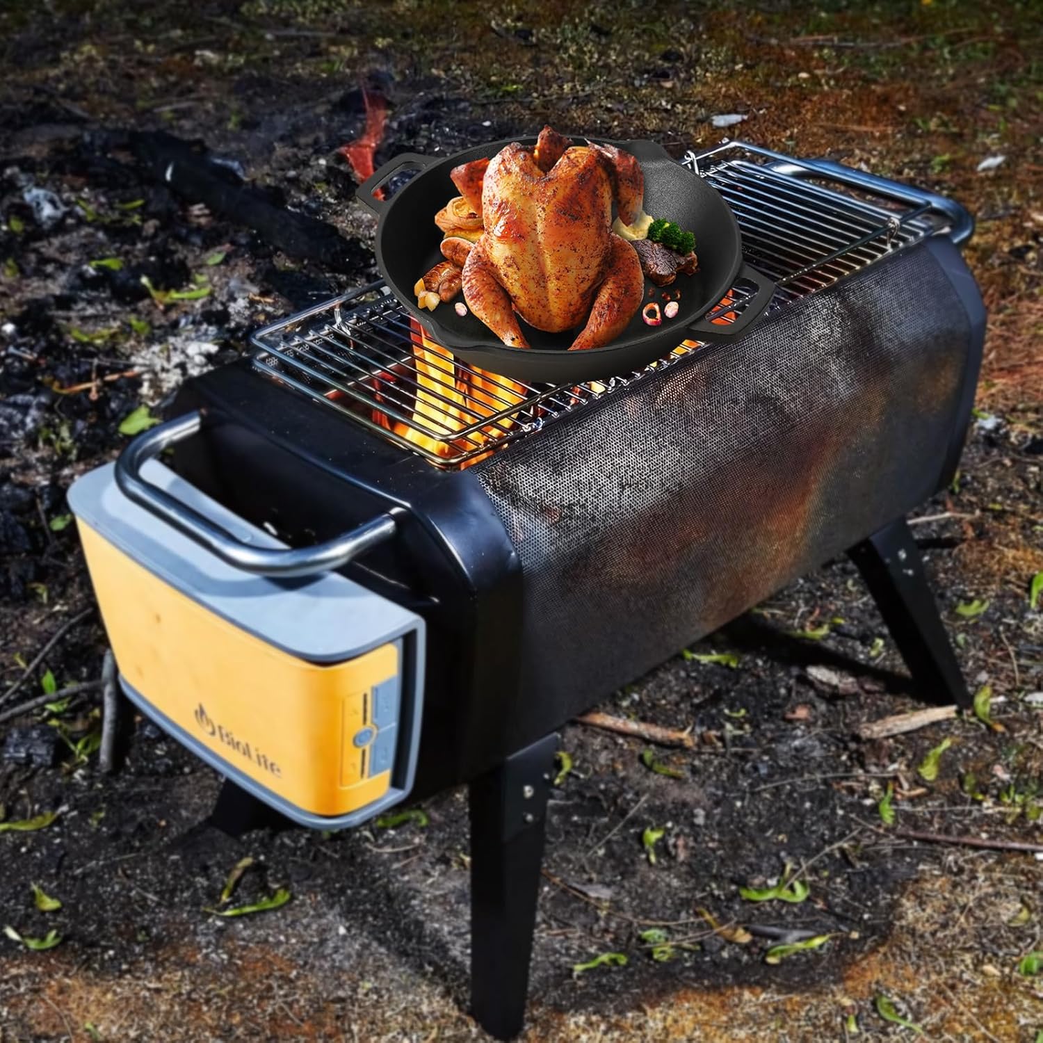 Universal Cast Iron Chicken Roaster, Pre-Seasoned Poultry Roaster with Drip Pan – Vertical Roaster Stand Grilling Accessories Rack for 22" Kettle Grills/Oven/Smoker