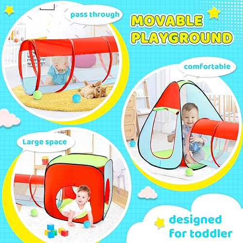 Vista 3 de Tienda de campaña de 3 piezas para niños pequeños con bola+túnel de gateo+tienda de campaña de castillo, casa de juegos para niños y niñas, regalo