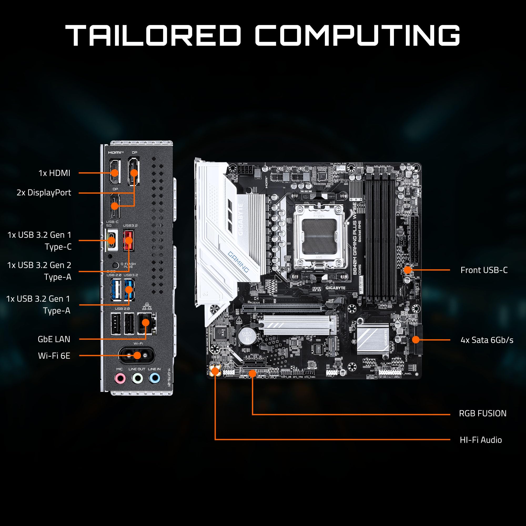 GIGABYTE B840M Gaming Plus WIFI6E Carte mère AMD AM5 mATX, Prise en Charge Ryzen 9000/8000/7000 Series, 8+2+2 Phases de Puissance, DDR5, 2 x M.2, PCIe 4.0, USB-C 3.2 Gen 1, WiFi 6E, GbE LAN