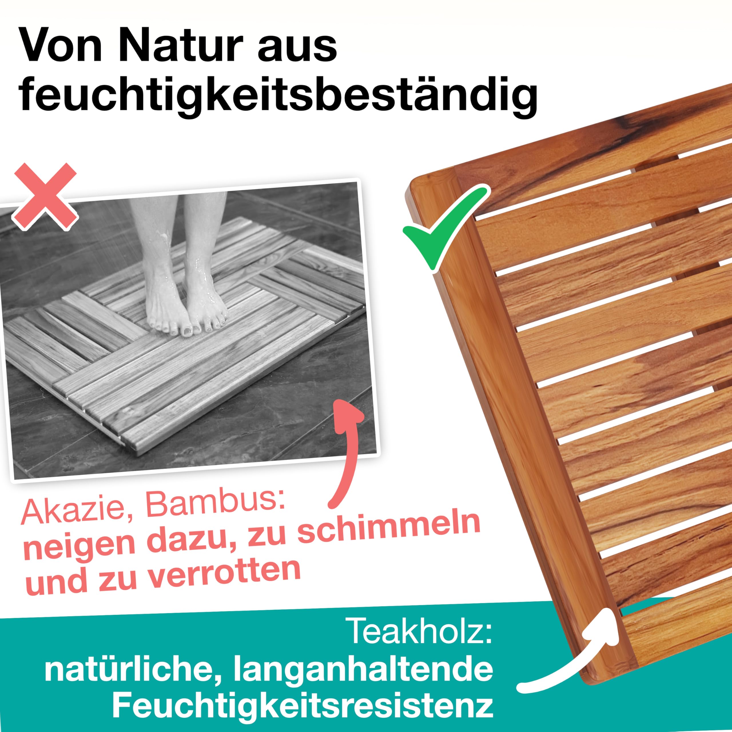 Badematte aus Teakholz 61 x 45 cm - Duschmatte Holz - Euchtigkeitsbeständig, Schimmelresistent und rutschfest - Saunamatte - Für Innen und Außen - Holzmatte Bad - CB6145
