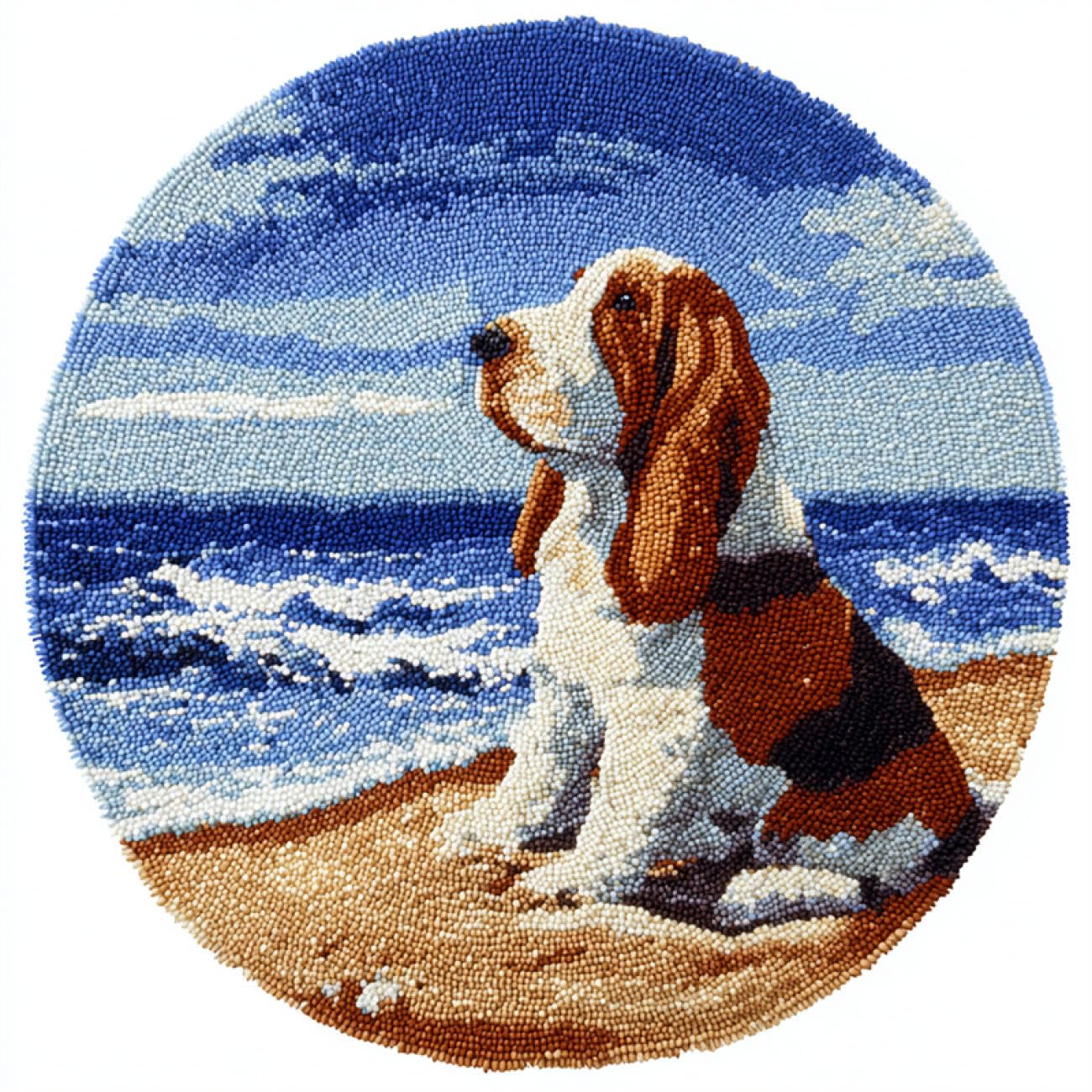 Kitquiver Dog Animal Tapestry Kits for Adults Basset Hounds and Seascapes DIY Latch Hook Kit，Self-Knotting Set for Adults，Pre-Printed Colour Pattern 100x100cm