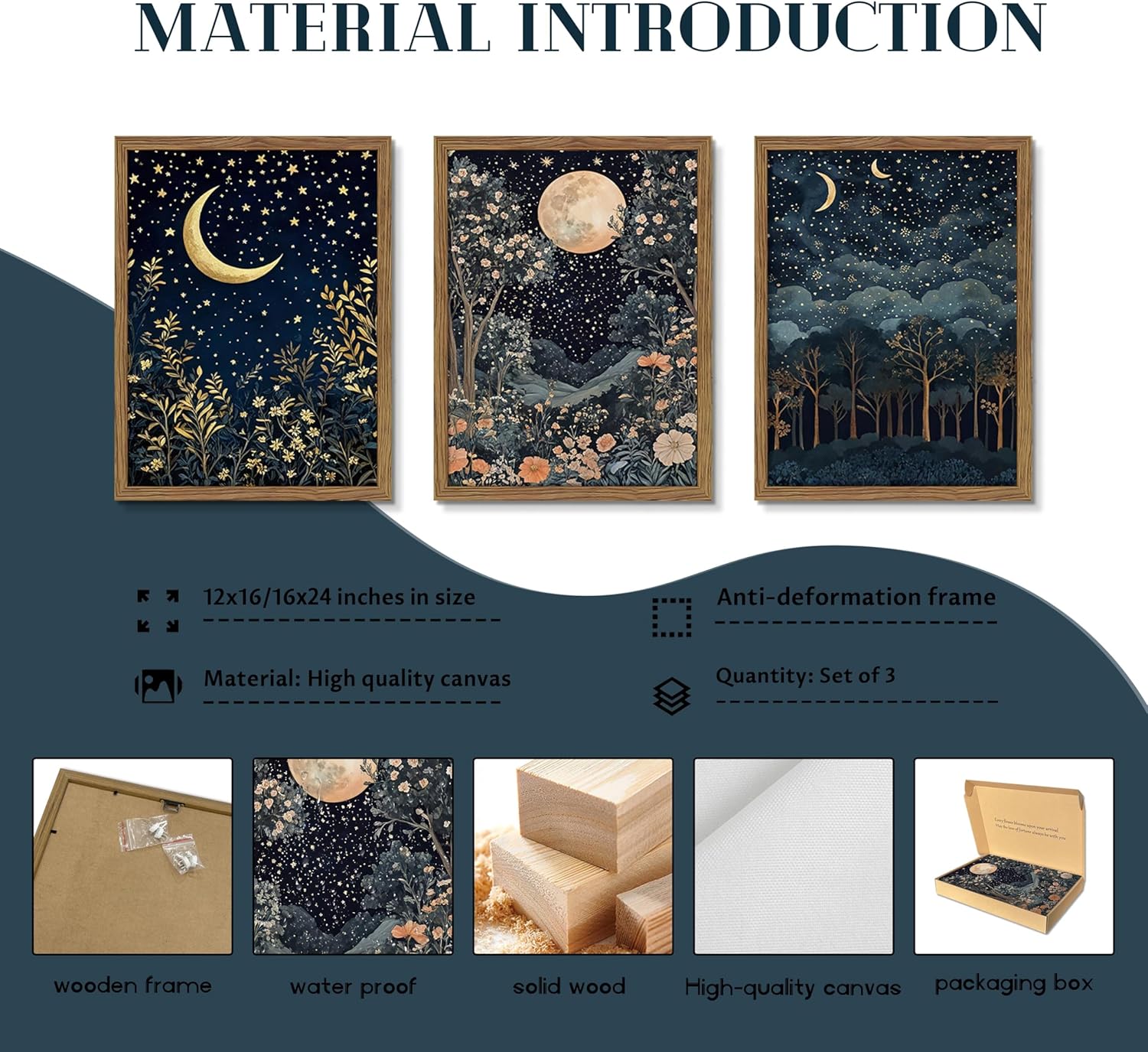 Framed Vintage Botanical Wall Art Set of 3, Nature Moon Night Sky Floral Canvas Prints, Forest Scenery Picture Painting, William Morris Farmhouse Wall Decor for Living Room Bedroom 12x16 inch
