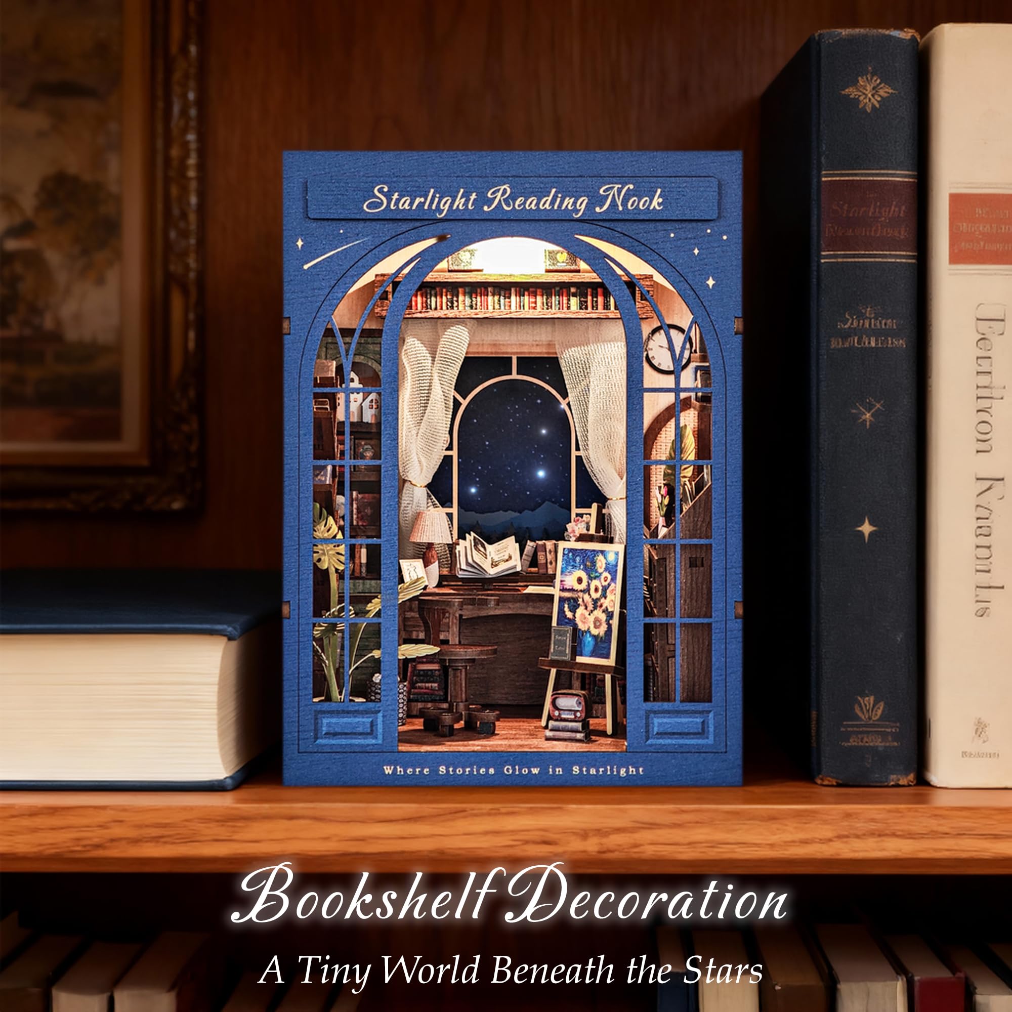 DolphinIsle Book Nook Kits für Erwachsene, DIY Booknook Bücherregal Dekor 3D Holzpuzzle Sternenlicht Leseecke mit funkelndem Sternenhimmel