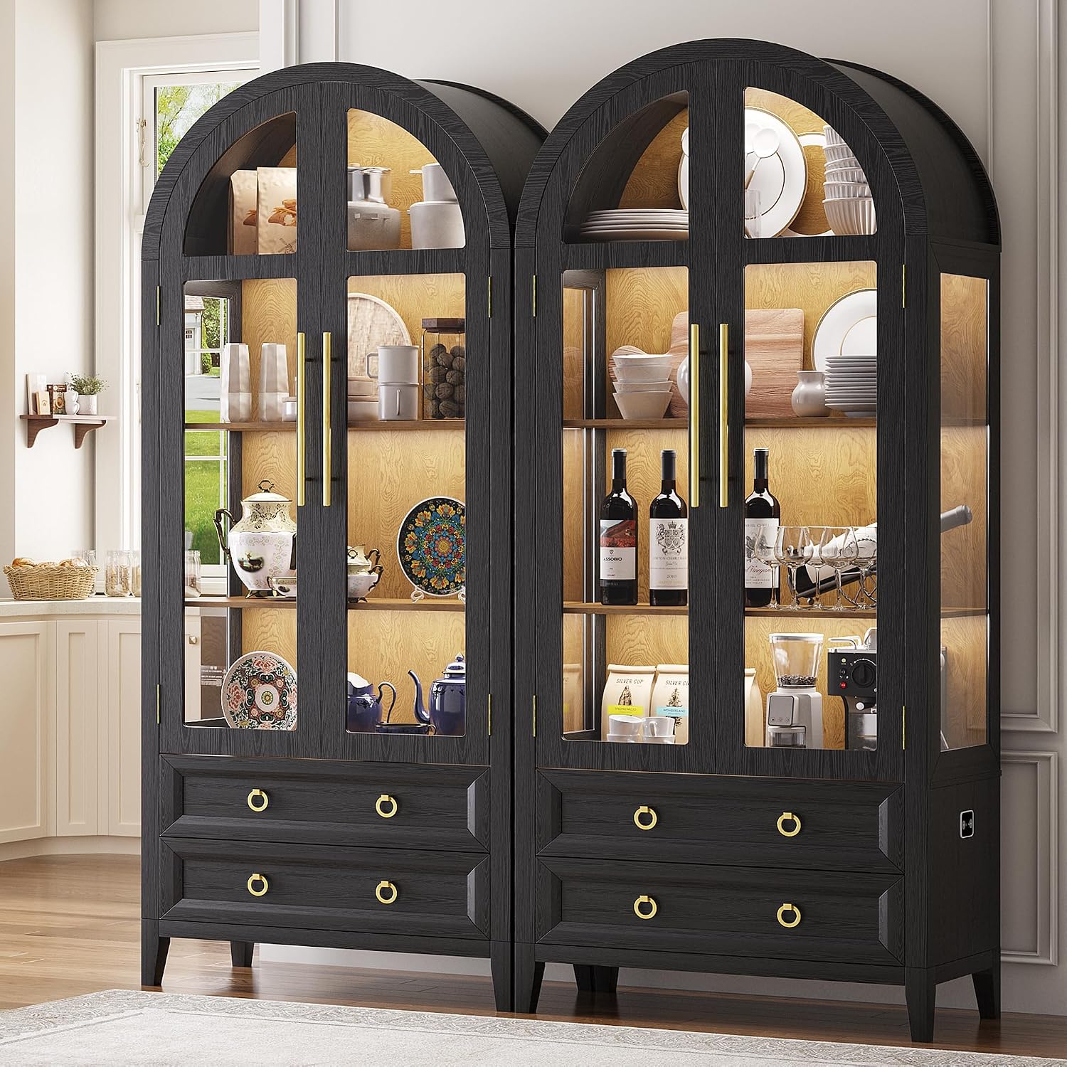 LVSOMT 71" Tall Arched Storage Cabinet with Glass Doors and Drawers, Curio Display Cabinet with Adjustable LED Light & Human Sensor, 4-Tier China Cabinet for Living Room(Black+Wood)