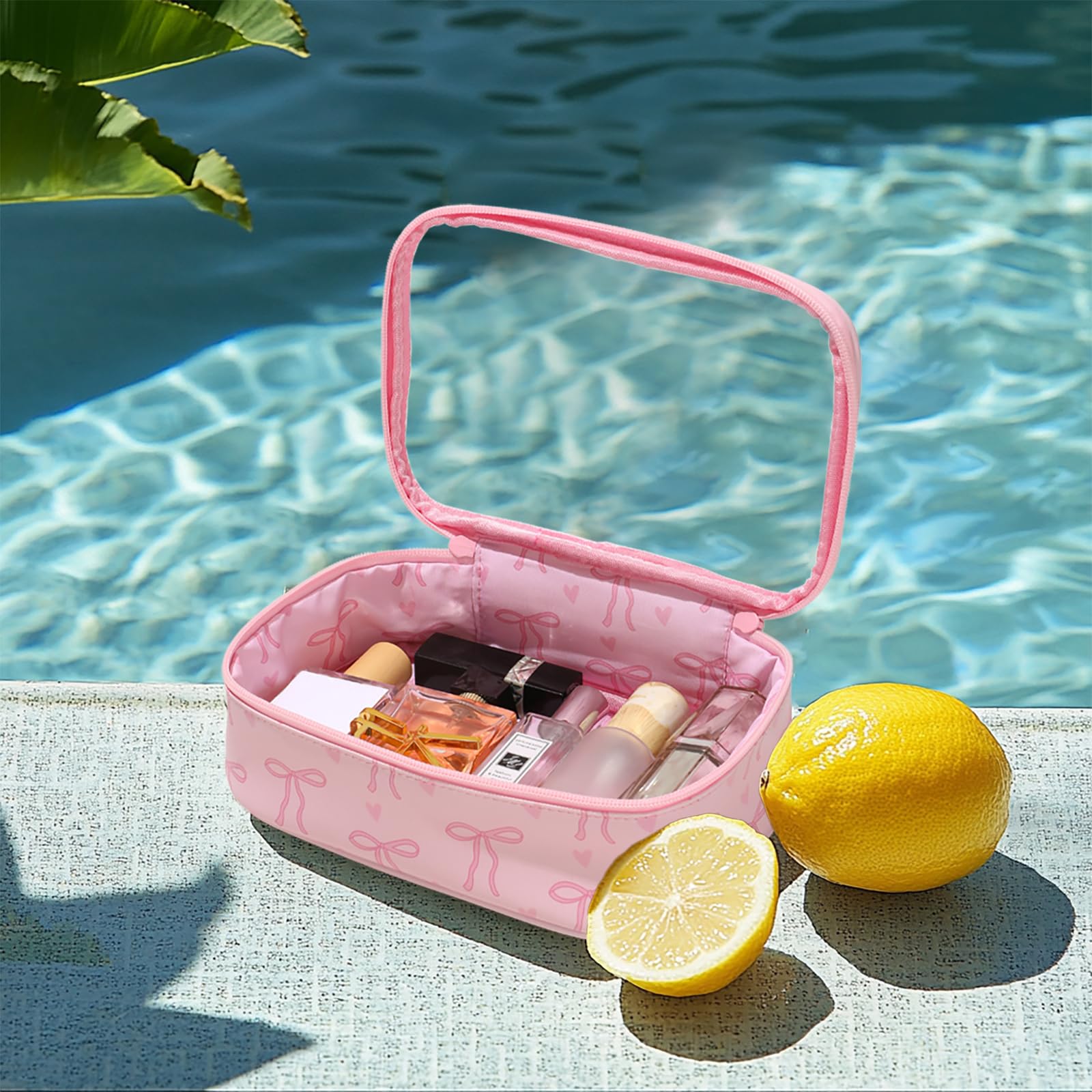 Beauty case trasparente per donne e ragazze, piccola trousse da viaggio per cosmetici con fiocco rosa, simpatica borsa organizer, regalo di compleanno per fidanzata, mamma, damigella d'onore
