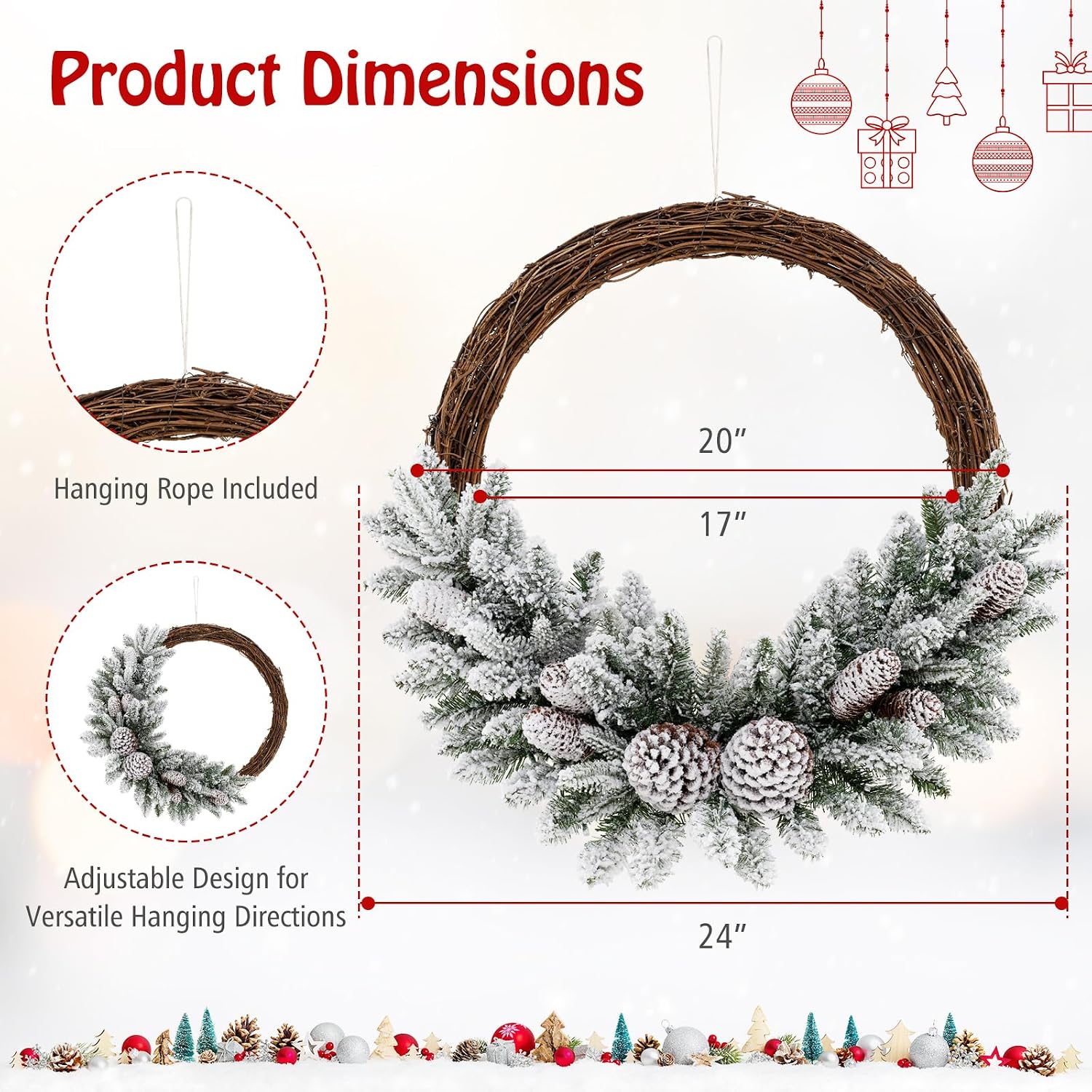 Goplus 24” Pre-Lit Artificial Christmas Wreath, Snow Flocked Xmas Wreath with 35 Battery Operated Warm White LED Lights, 65 PVC & PE Branch Tips, Pine Cones, Rattan, Front Door Window Decoration