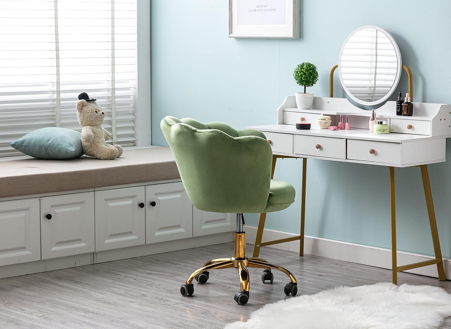 ZOBIDO Comfy Home Office Task Chair with Wheels, Cute Modern Upholstered Velvet Seashell Back Adjustable Swivel Vanity Desk Chair, for Women, for Girls, Living Room(Classic Green)
