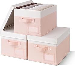 GRANNY SAYS Fabric Boxes with Lids, Set of 3 Folding Storage Boxes with Lids, Clothes Organizers, Fabric Boxes for Closet, White and Pink