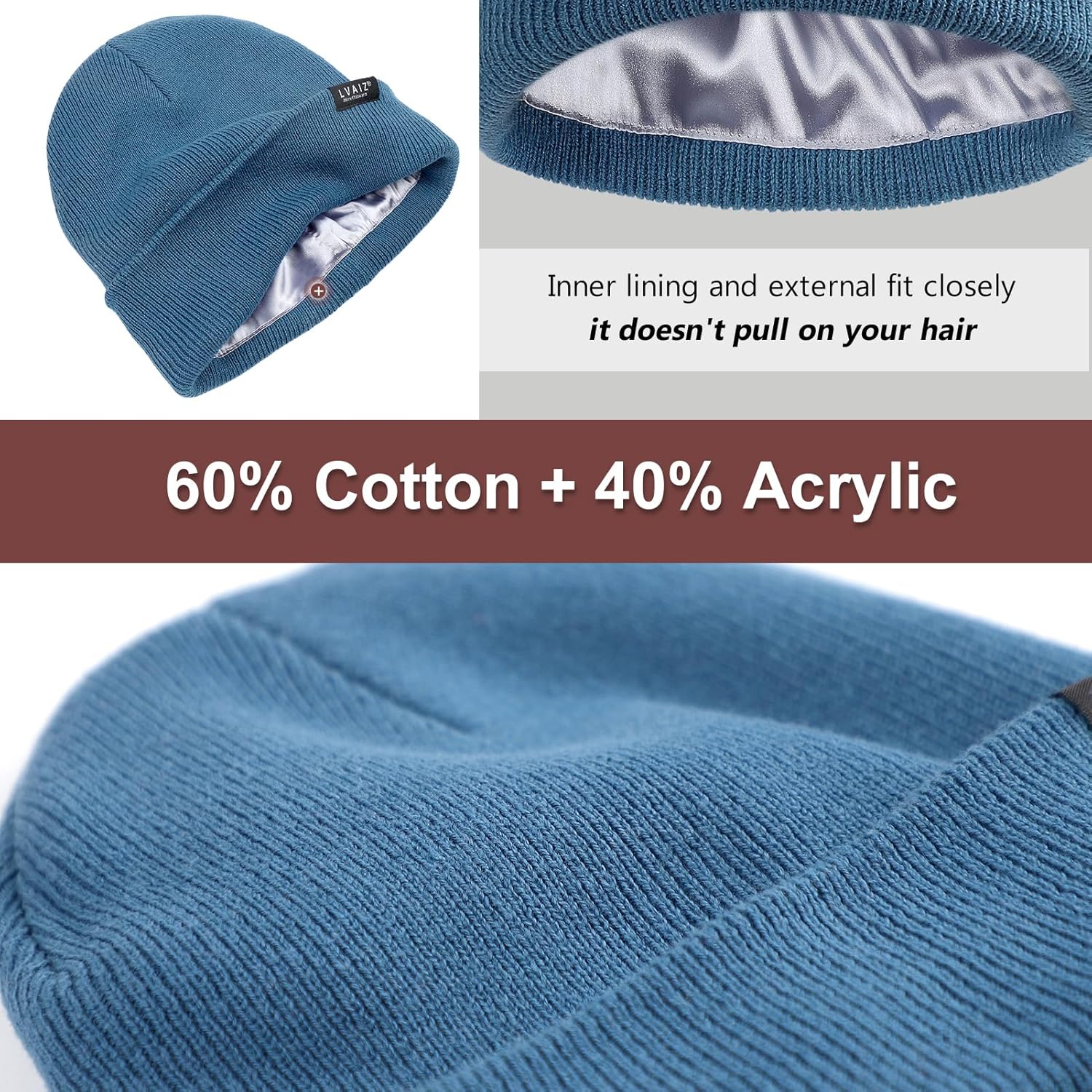 Satin Lined Winter Beanie Hats for Women Unisex Cotton Knitted Cuffed Knit Hat with Silky Lining Slouchy Skull Cap - Image 6