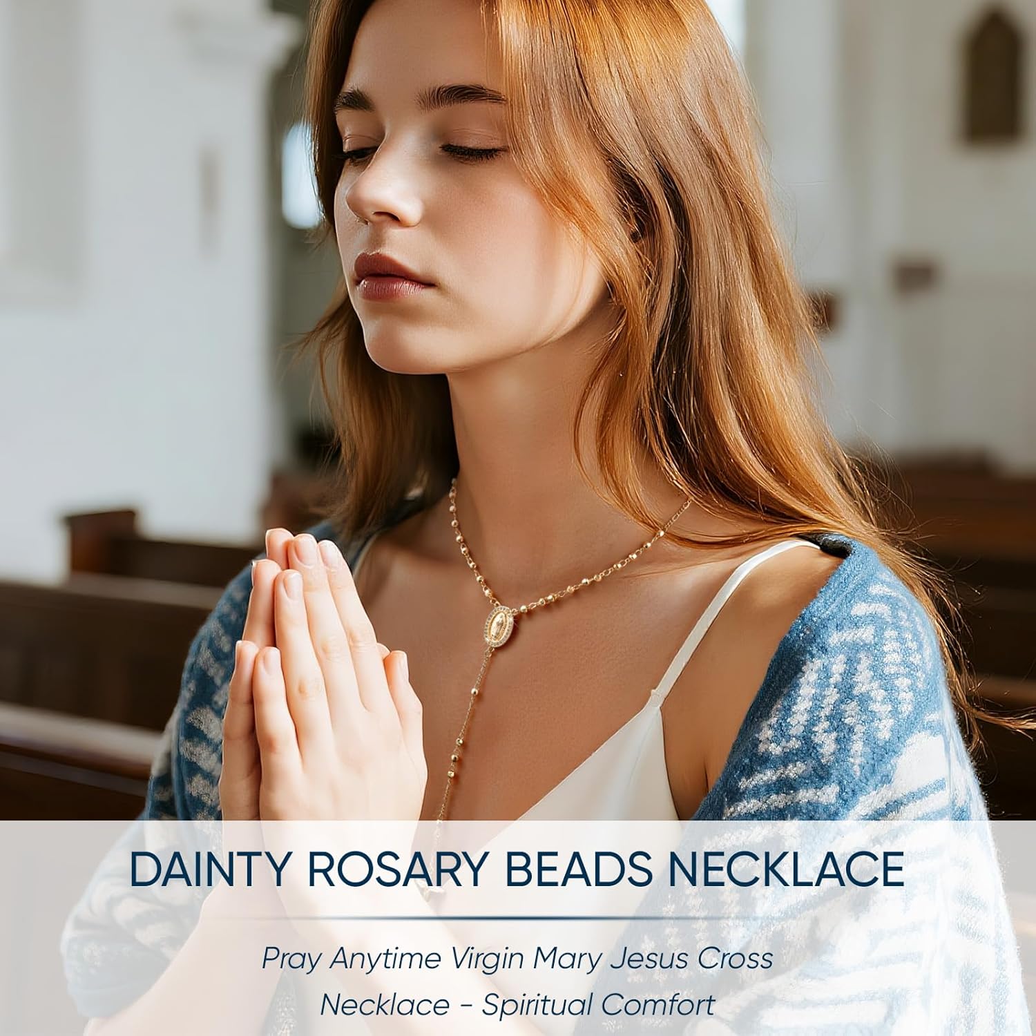 Virgin Mary Cross Rosary Necklace for Women,Virgen de Guadalupe Long gold plated Silver Rosary Catholic Cross Beads Crucifix Necklace Women jewelry Religious Gift for Confirmation Baptism First Communion Godmother - Image 6