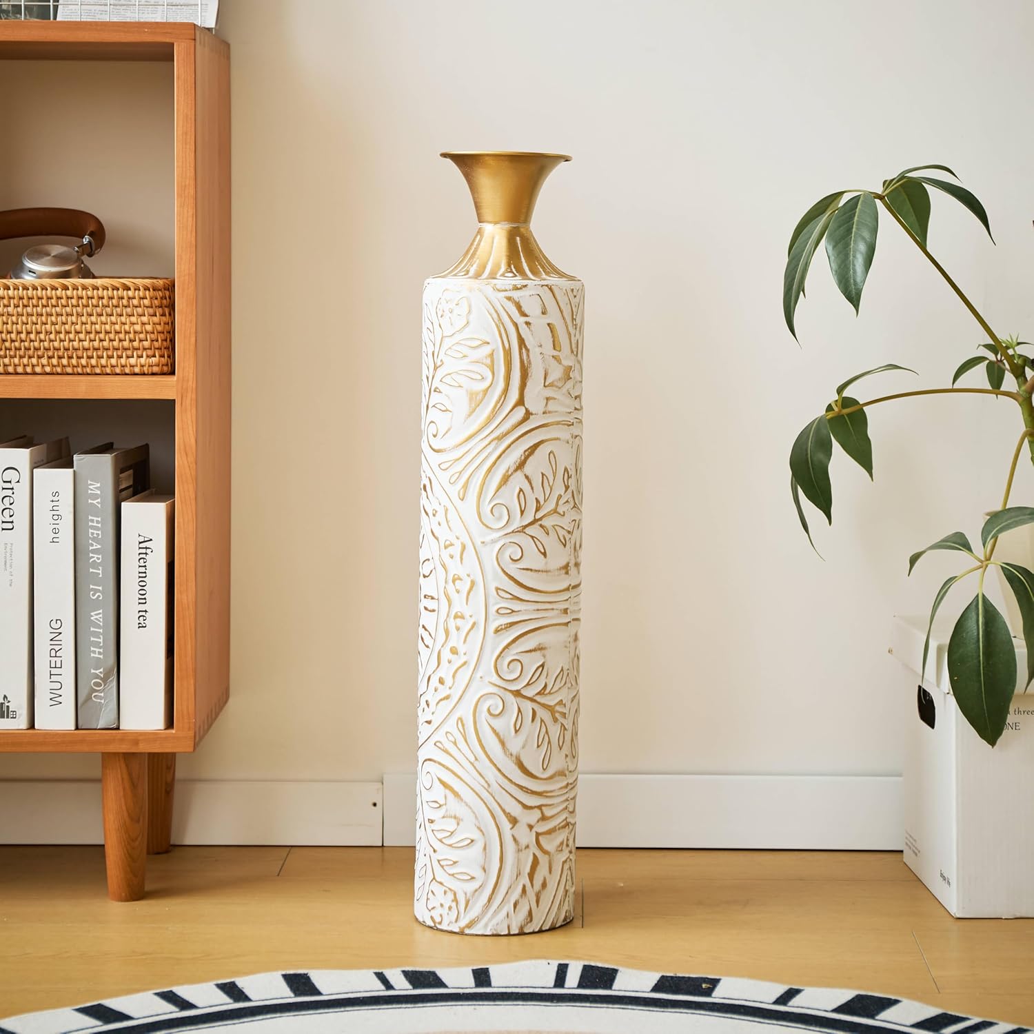 Floor Metal vase Industrial Style Modern Style Decoration Home White Gold Flower Metal vase Gorgeous Home Decoration Large Glazed vase (H:24.8IN)