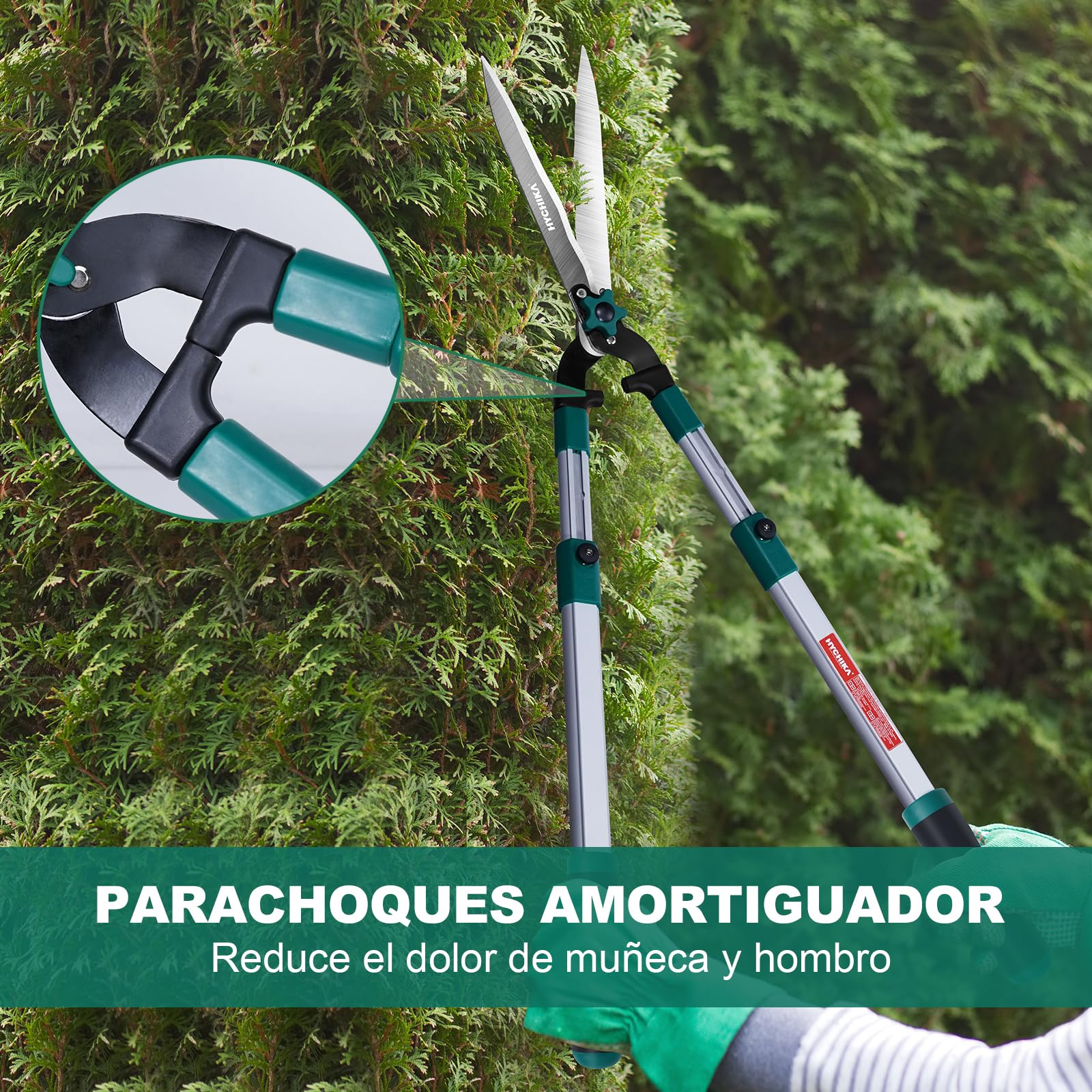 HYCHIKA Tijeras Cortasetos Telescopico Manual 111CM, Tijeras de Podar Cortasetos, Cuchillas de Acero Templado, Hoja de 214 MM, Tijeras Jardin Para Podar Setos y Arbustos