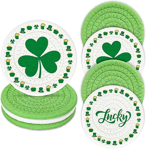 Miniatura 12 de Whaline 4 Pack Posavasos de Halloween Hechos a Mano Trenzados Negros y Naranjas con Calabazas y Sombreros de Bruja, Posavasos Absorbentes de Algodón