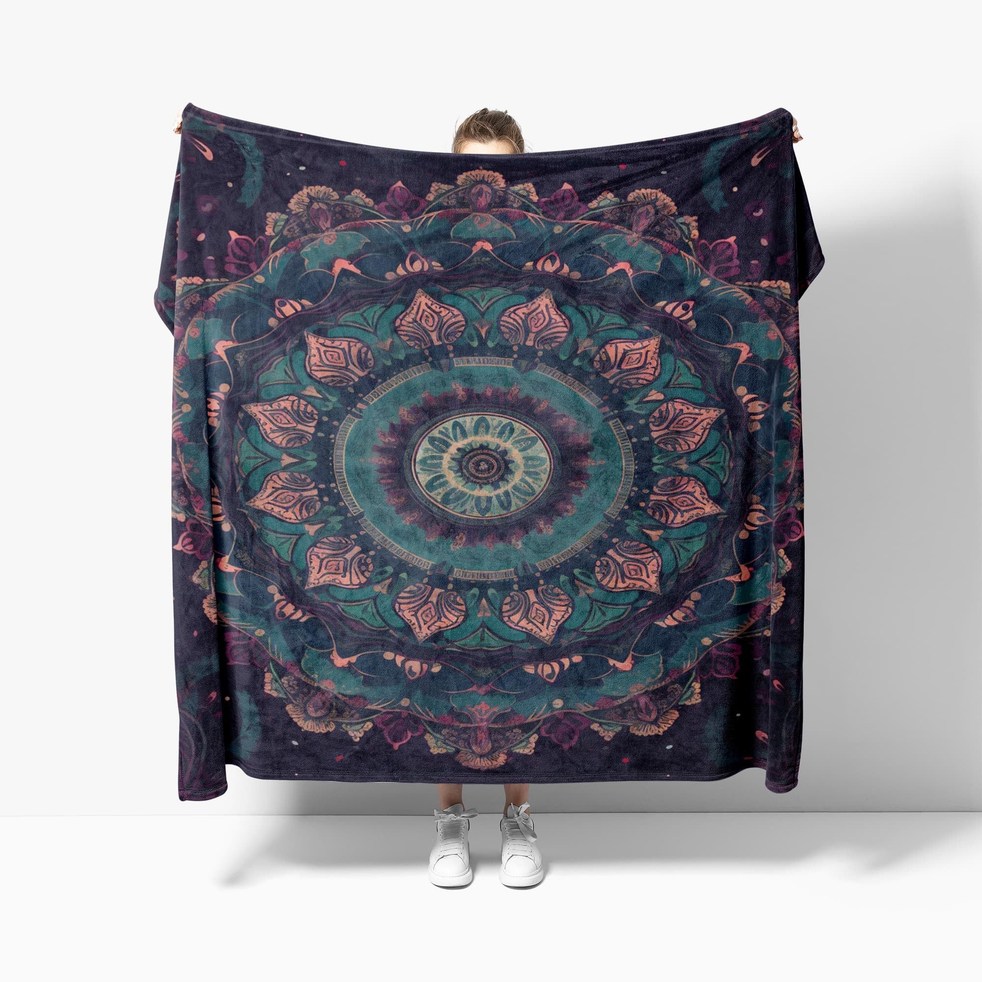 Lekki antystatyczny koc wełniany XXL 180 x 220 cm kwiatowy wzór mandala koc flanelowy super miękki ciemnofioletowy na łóżko sofa biuro ochraniacz na kolana łóżko samochód kemping plaża