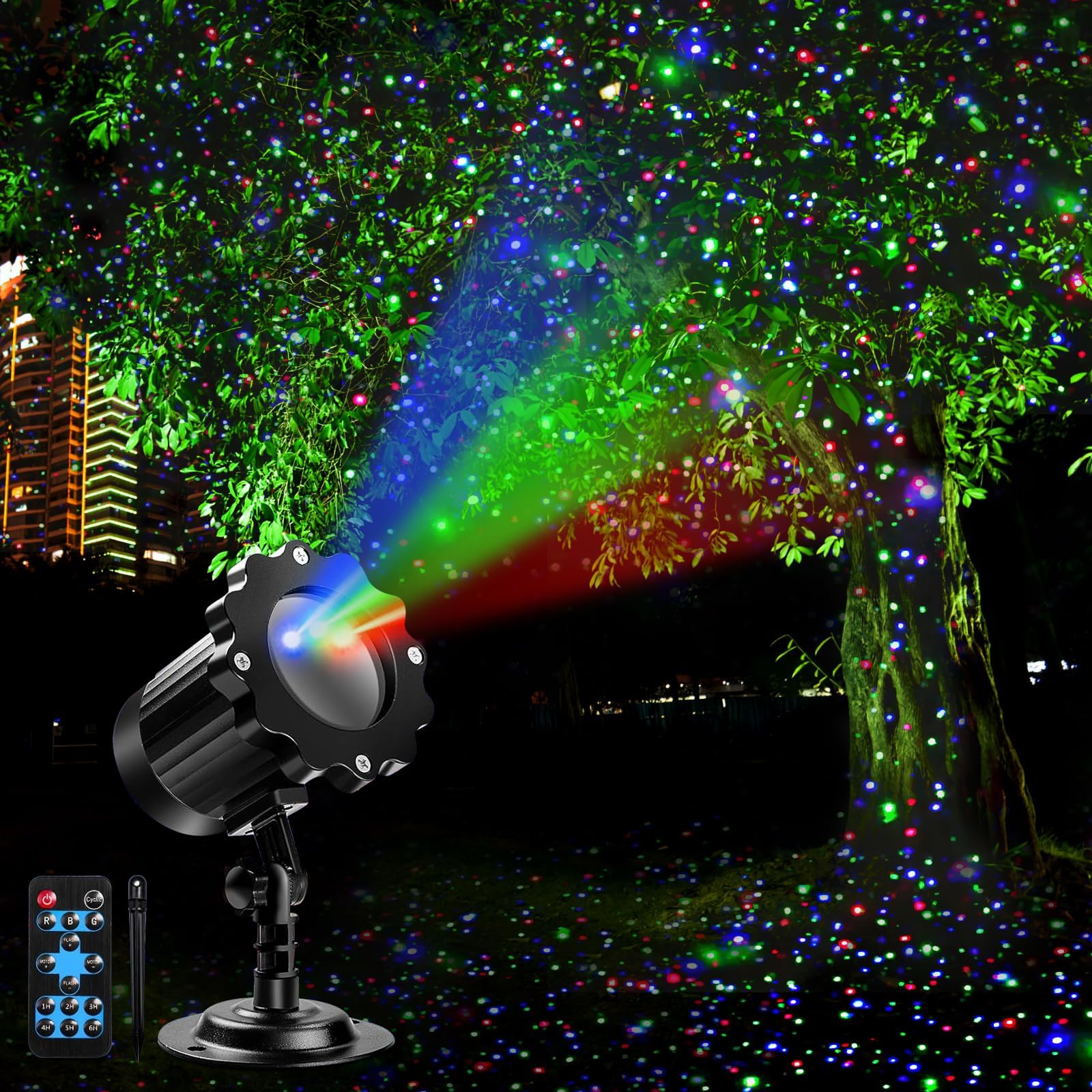 Firefly Laser Light Projector, Outdoor Garden Lights with Red, Green, and Blue Stars, Waterproof Landscape Decoration for Holidays, Parties, Weddings, Christmas, Patio, and Yard, Includes RF Control