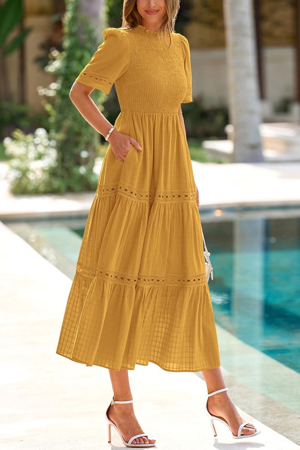 dowerme Summer Dresses for Women 2025 Casual Boho Hollow Out Short Sleeve Ruffle Mock Neck Smocked Maxi Gingham Sundress - Image 8