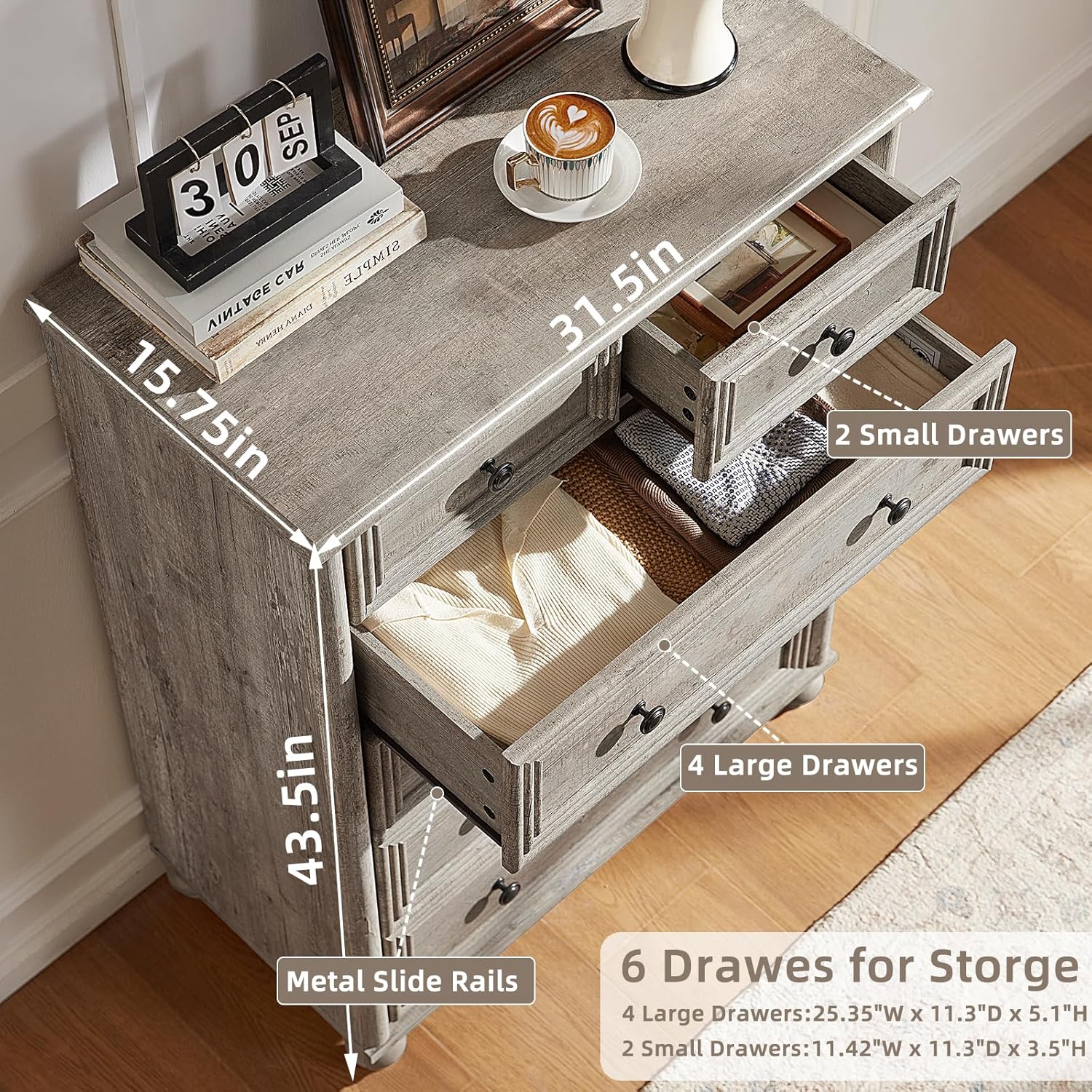 Diagram showing the dimensions of the dresser and the layout of the 4 large and 2 small drawers.