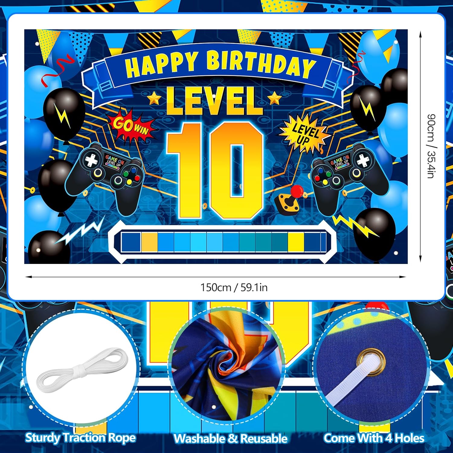 Blue Black Video Game 10th Birthday Decorations for Boys Happy Birthday Level 10 Banner Backdrop Honeycomb Centerpieces Hanging Swirl Tissue Paper Pompoms for Kid 10 Years Old Game Controller Supplies - Image 5