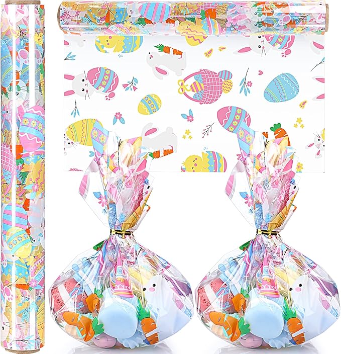 Gueevin Easter Cellophane Wrap Roll Easter Wrapping Paper Roll 100 ft x