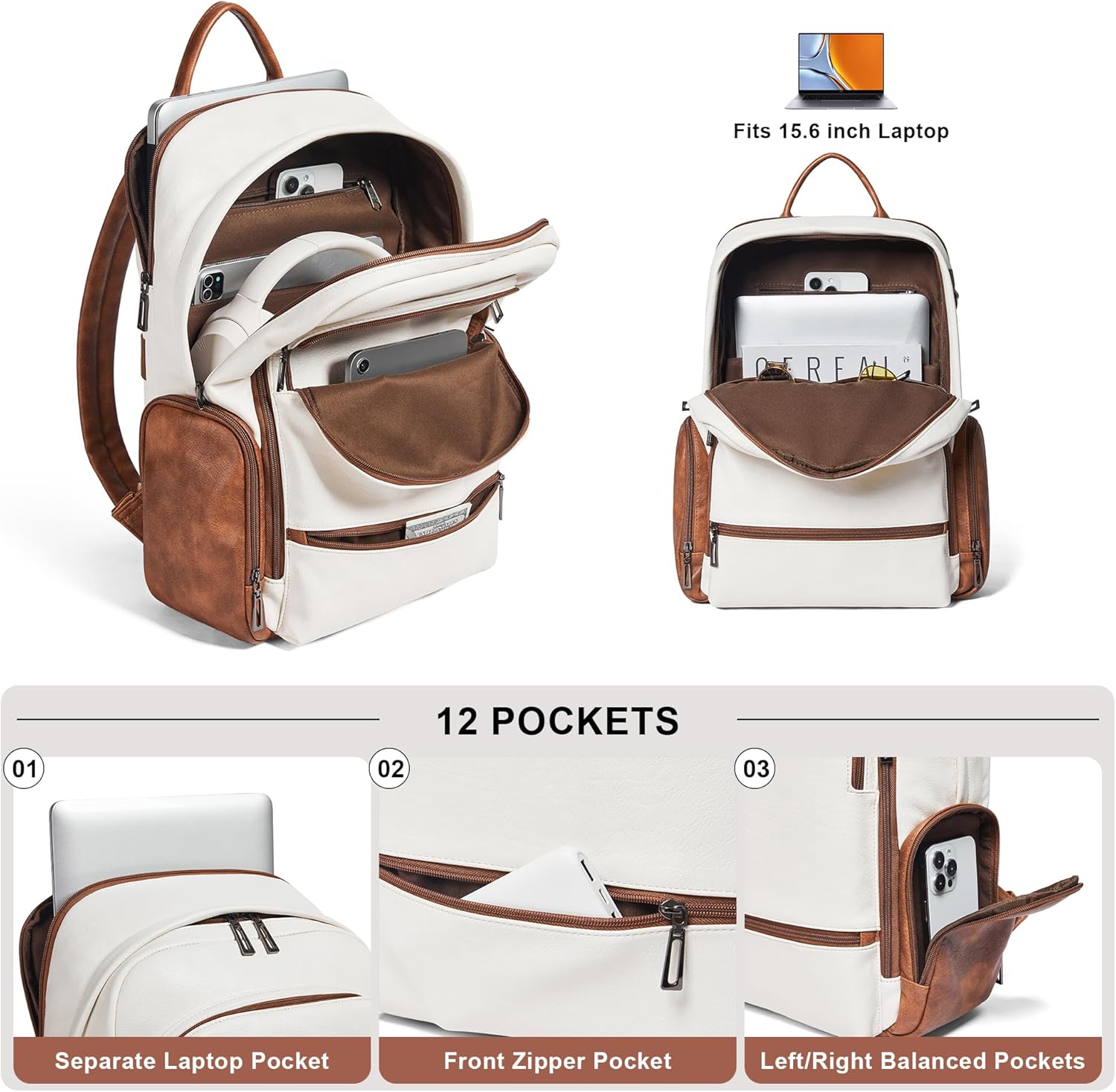 Leather Backpack for Women, Fits 16.0 Inch Laptop, Soft Vegan Leather Backpack for Travel and Daily Use, Beige - Image 6