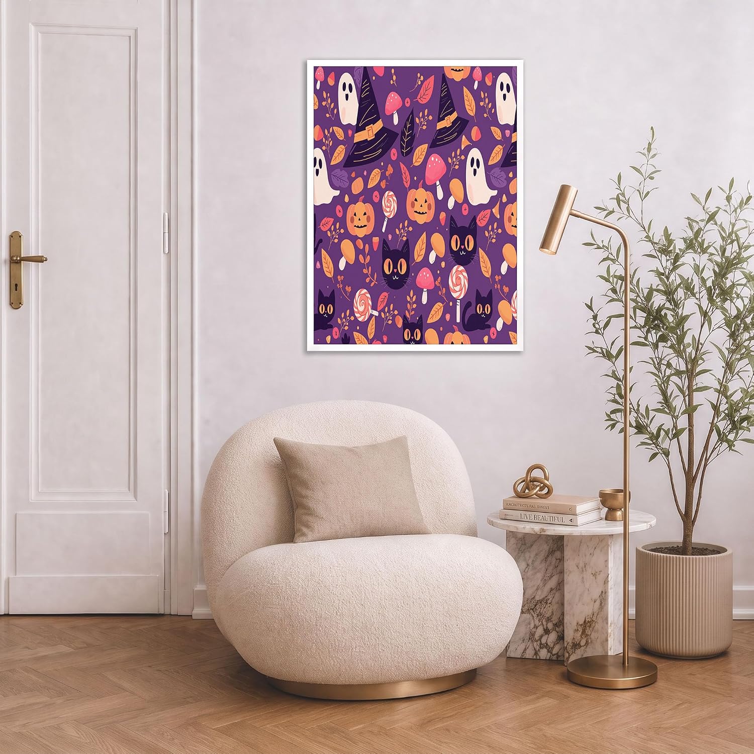 JRISEMECY Funny Halloween Theme Canvas Wall Art Poster 12X16 In | Purple Dark Academia Halloween Decor, Black Cat Witch'S Hat Pumpkin Print, Unframed Gothic Artwork Fall Gift For Bedroom Bathroom image 4